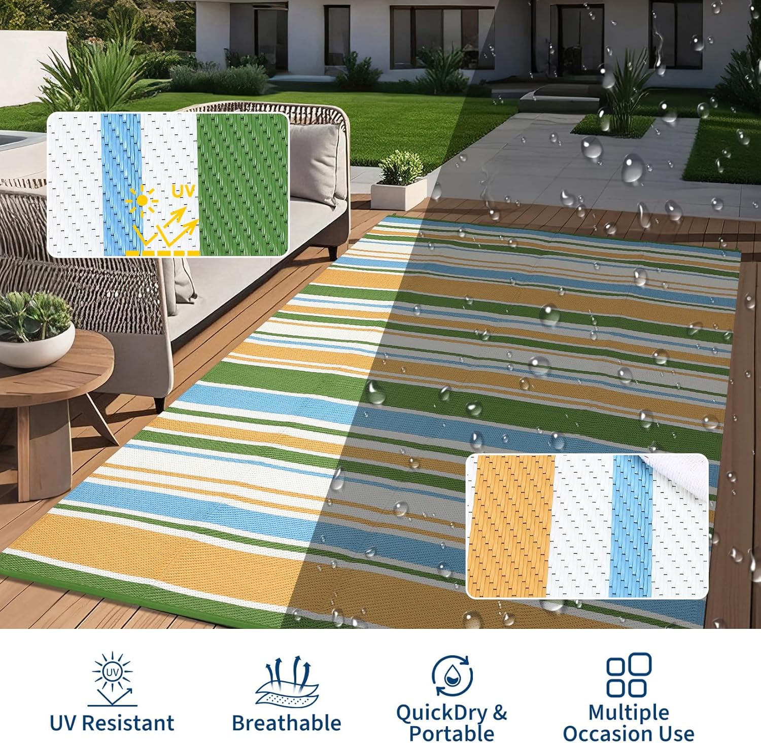 GAOMON 8x10 Large Outdoor Rug Waterproof for Patio Plastic Straw Rug Geometric Stripe Indoor Outdoor Area Rug Modern Line Outdside Camping Rugs for RV Porch Deck Trailer Beach, Yellow Blue Green White
