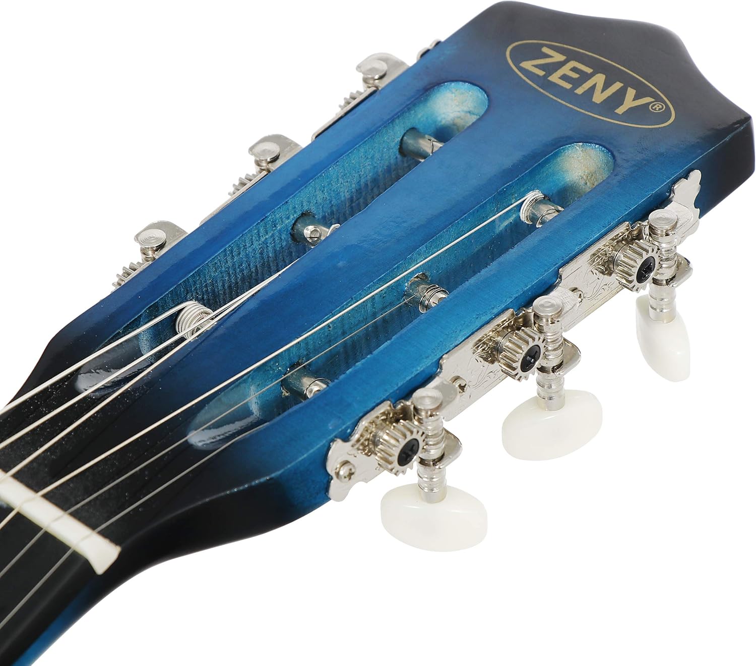 Close-up of the guitar headstock with tuning pegs and ZENY logo