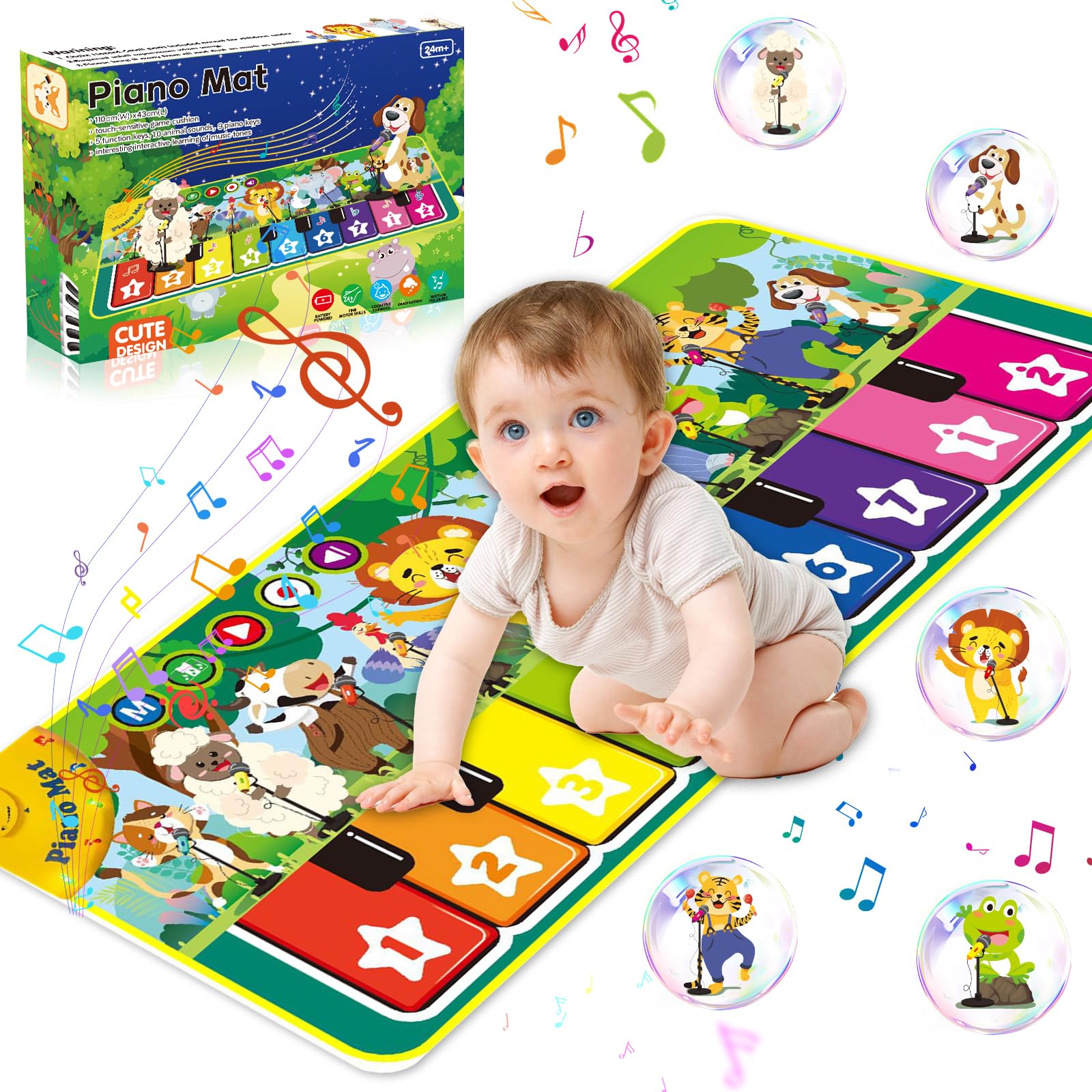 UCAMP Alfombra Musical Piano Bebe con 10 Animales,Alfombra Musical para Bebé,Alfombrilla de Piano,Regalo Bebe,Regalos Originales Bebes 1 año(110×43cm)