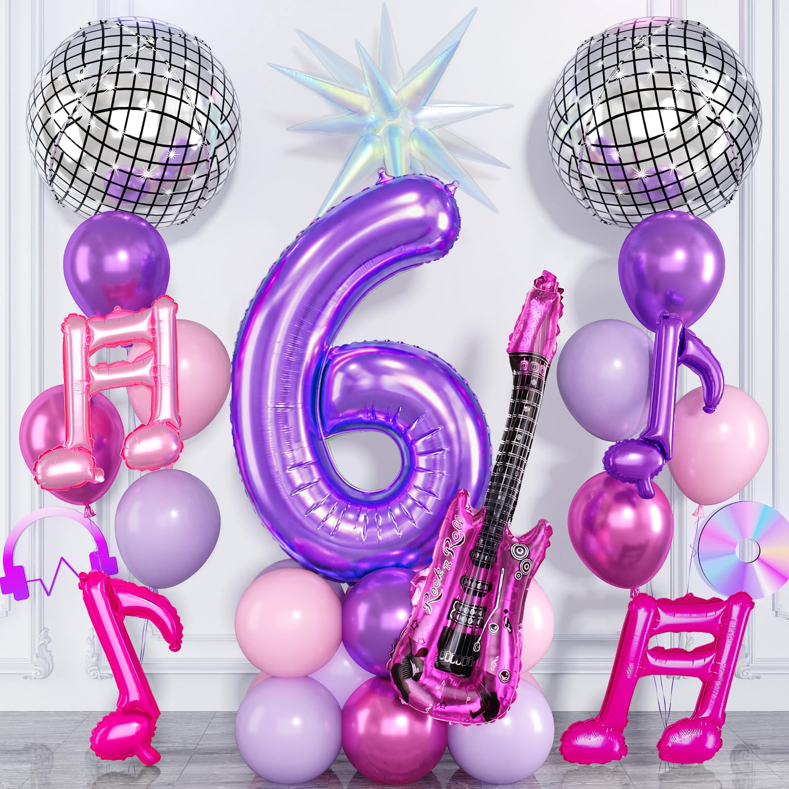 Kpop 6th Birthday Decorations for Girls, 40 Inch Purple Number 6 Balloon with Music Note Disco Ball Guitar Star Balloons, Metallic Purple Pink Balloons for 6 Year Old Birthday Music Party Decorations