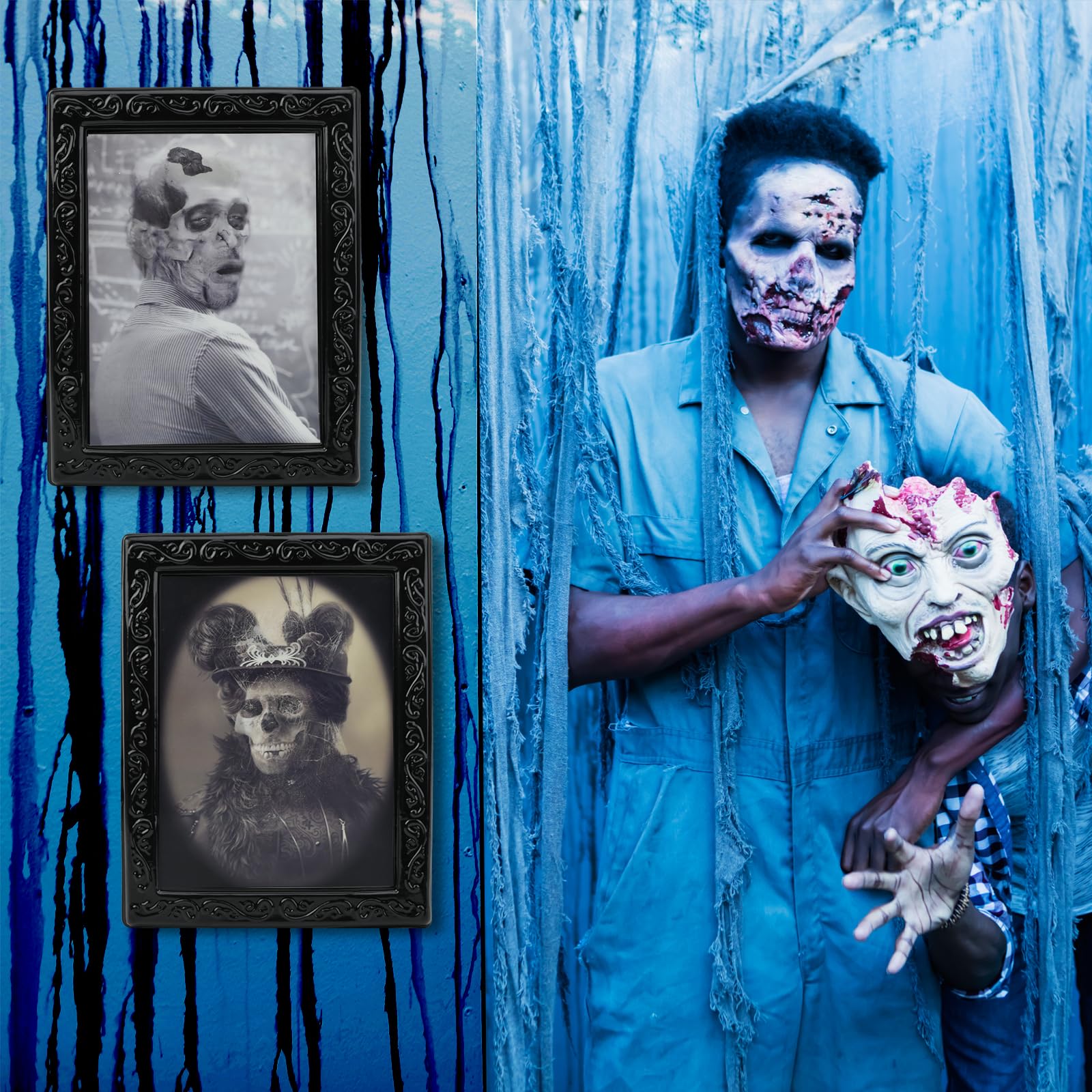 Lot De 4 Cadres Photo D'horreur Pour Halloween, Portrait D'horreur D' Halloween, Décoration 3D, Décoration Murale Effrayante, Décoration Murale Hantée, Pour Fête D'Halloween