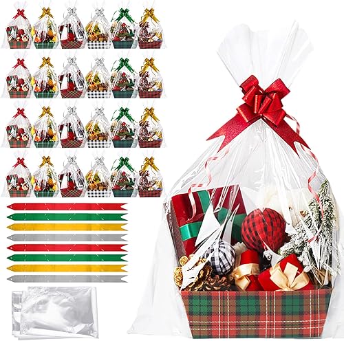 Qeeenar Juego de 24 cestas de Navidad vacías para llenar, con bolsas de cesta y lazos, juego de regalo para Navidad, cumpleaños, construye tu propia