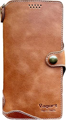 Yogurt Funda compatible con iPhone 15 Pro Max, funda de piel auténtica para iPhone 15 Pro Max, 6.7 pulgadas, hecha a mano, color marrón