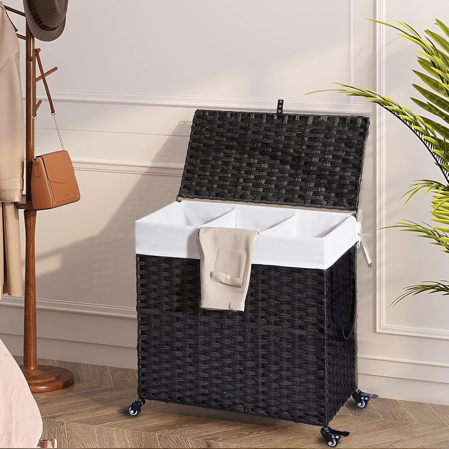 Black Woven Rectangular Kids Hamper with Wheels and Lid