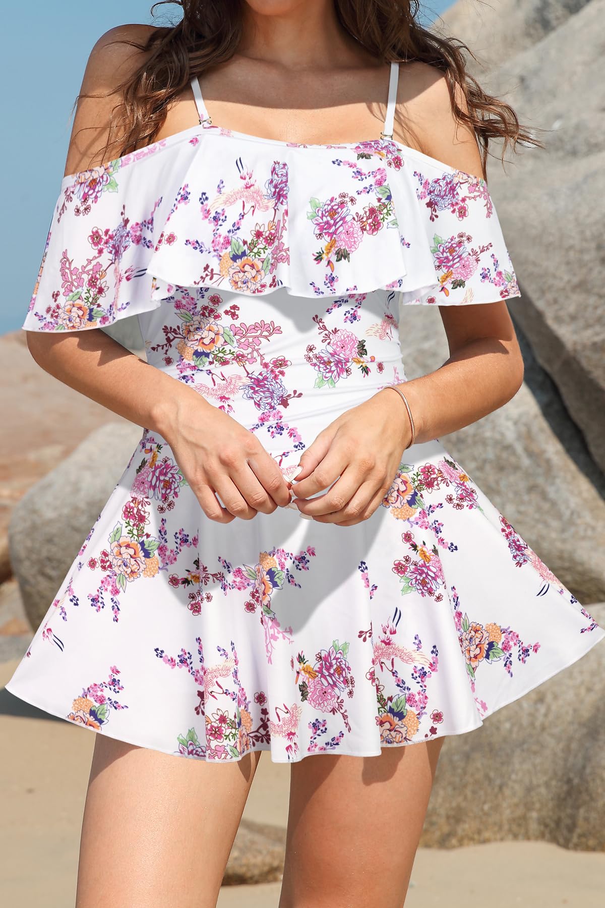 SHEKINI Mujer Traje de Baño una Pieza Falda de Traje de baño Bikini Un Hombro Elegante Volante Retro Ruched Control Abdominal Falda de Baño Trajes de Baño