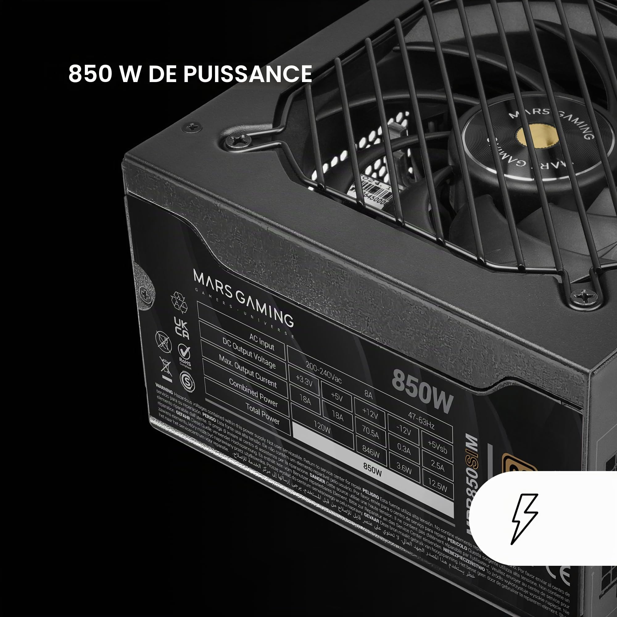 MARS GAMING MPB850SIM, Alimentation ATX 850W Full Modulaire, Garantie 7 Ans, 80Plus Bronze 230V EU, 90% Efficacité, Ventilateur SI Extreme Silence 140mm, Technologies AI2-RPM, DC-DC et SMD, Noir