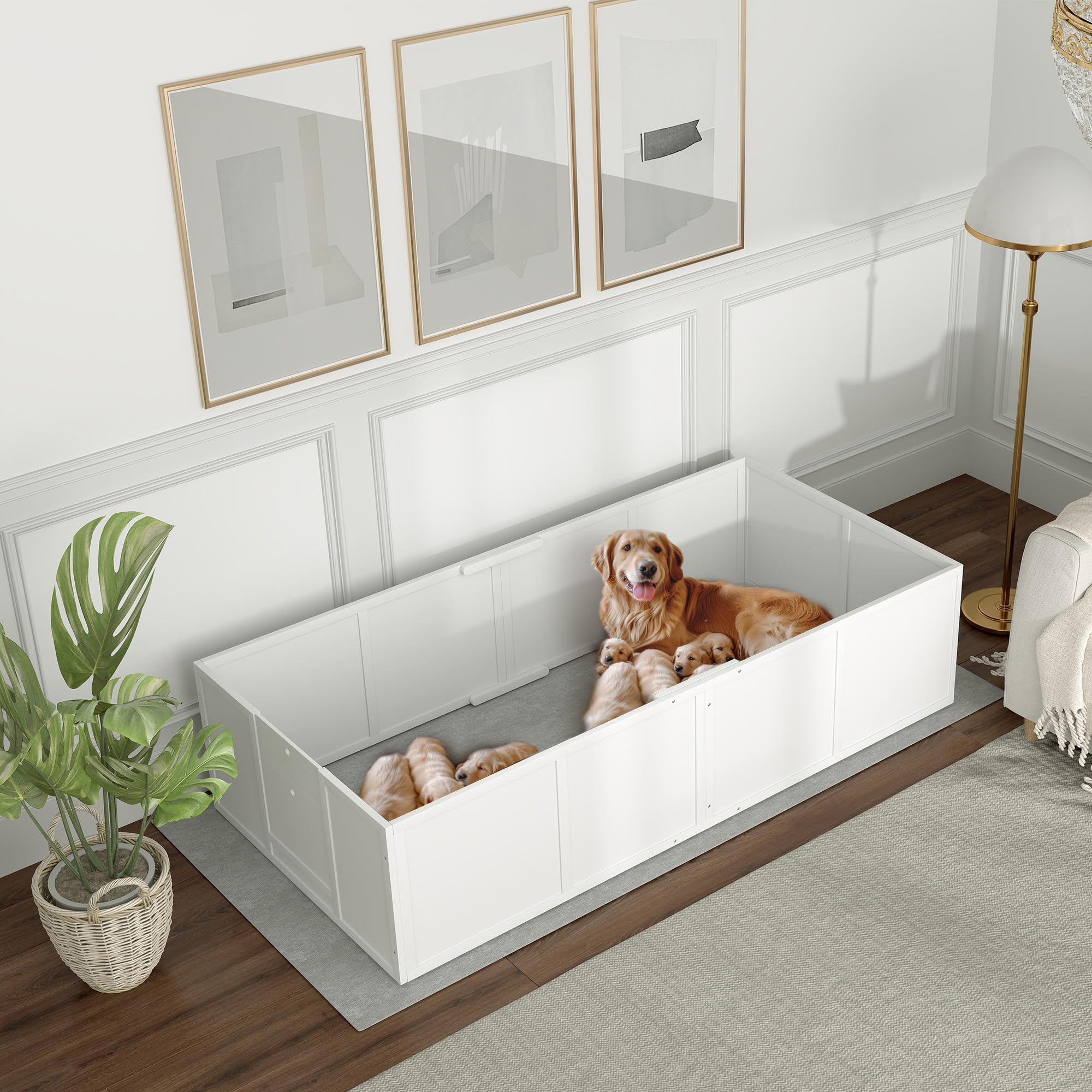 PawHut Wurfkiste für Welpen rutschfest für Große Hunde 196x96x48 cm Weiß | Wurfbox Welpenlaufstall, mit Verstellbarer Tür, Hundelaufstall Welpenauslauf
