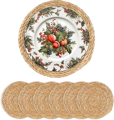 Miniatura 15 de Juego de 6 manteles individuales tejidos redondos - Manteles individuales de ratán boho tejidos naturales de jacinto de agua, manteles individuales