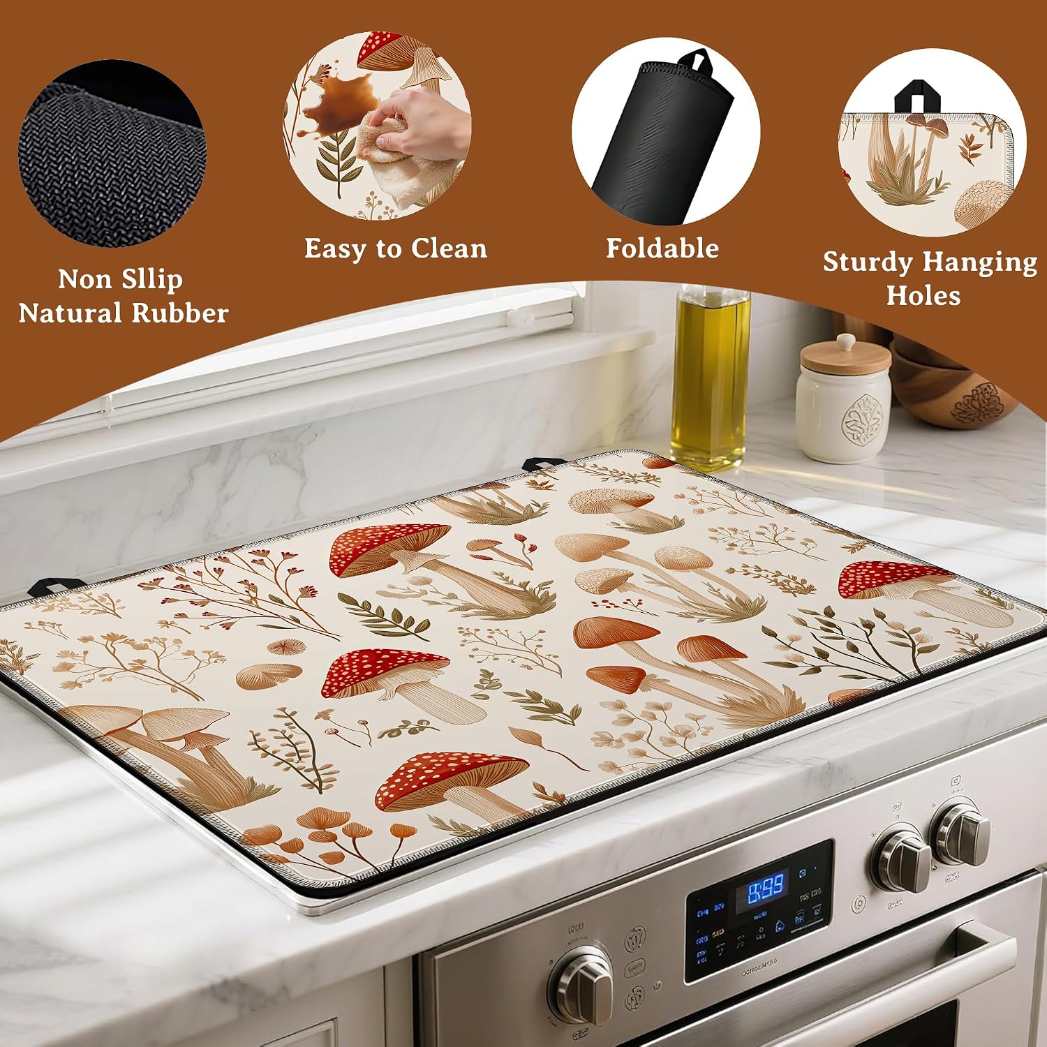 Mushroom Stove Top Cover for Electric Glass Stove,Botanical Plants Thick Heat Resistant Rubber Mat for Dish Drying Kitchen Ceramic Countertop 28.5×20.5in
