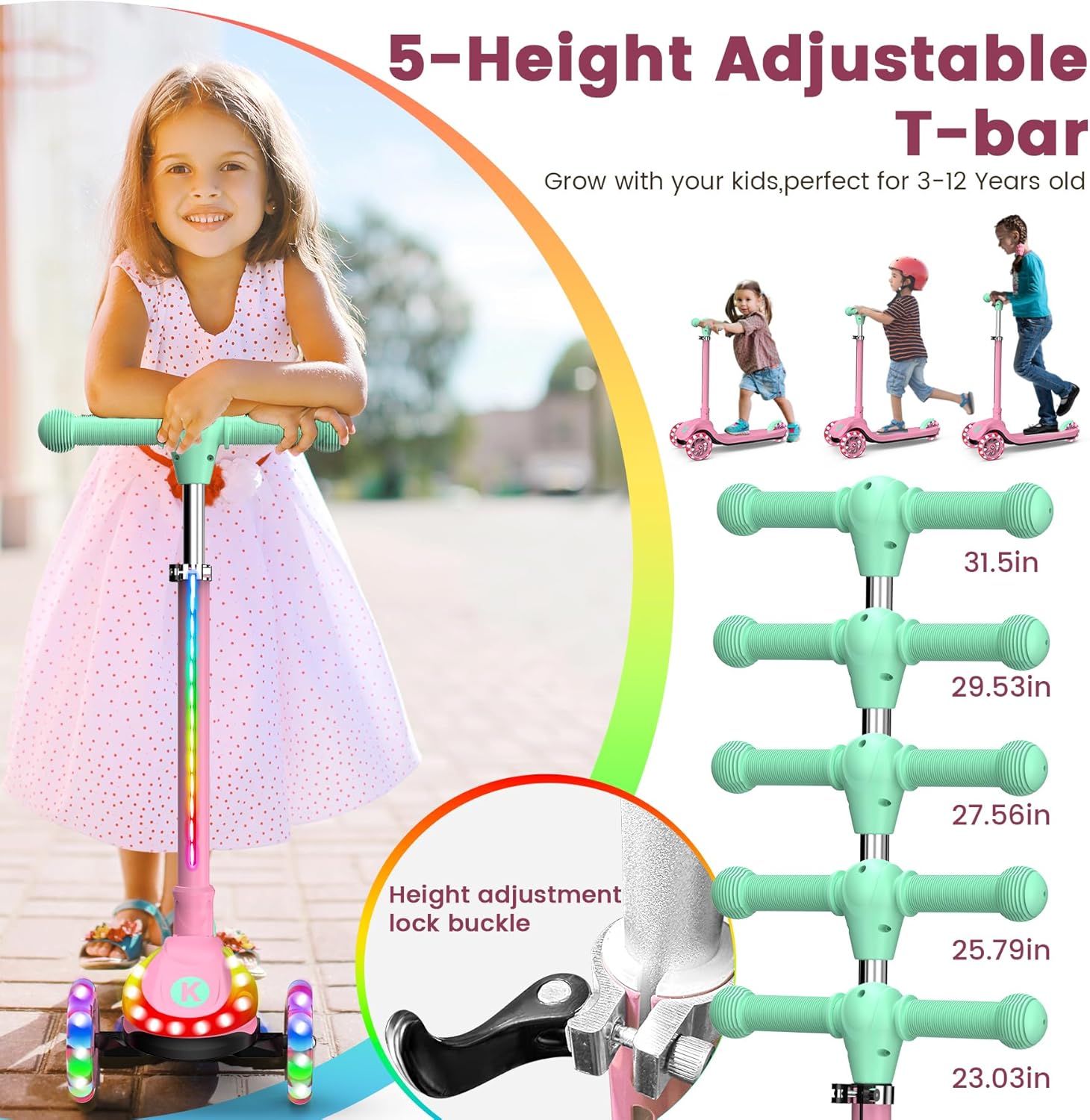 2-in-1 Adjustable Kick Scooter for Kids 3-5 (Suitable 3-12 Years),5-Level Handlebar & Removable Seat, LED Light-Up Wheels, Wide Deck, Foldable Design for Indoor/Outdoor Use - Girls & Boys - Image 3