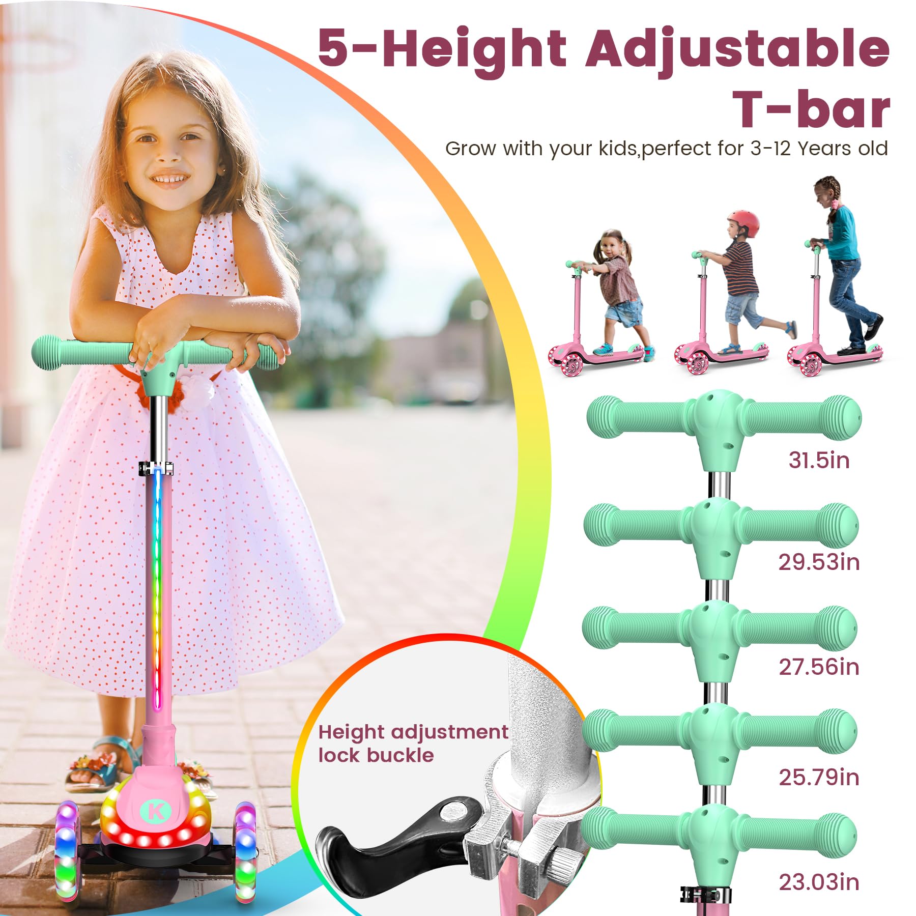 Trottinette 2 en 1 réglable pour enfants de 3 à 12 ans, guidon à 5 niveaux, siège amovible, roues à DEL, pliable - Rose (fille et garçon), noir (lumière rose