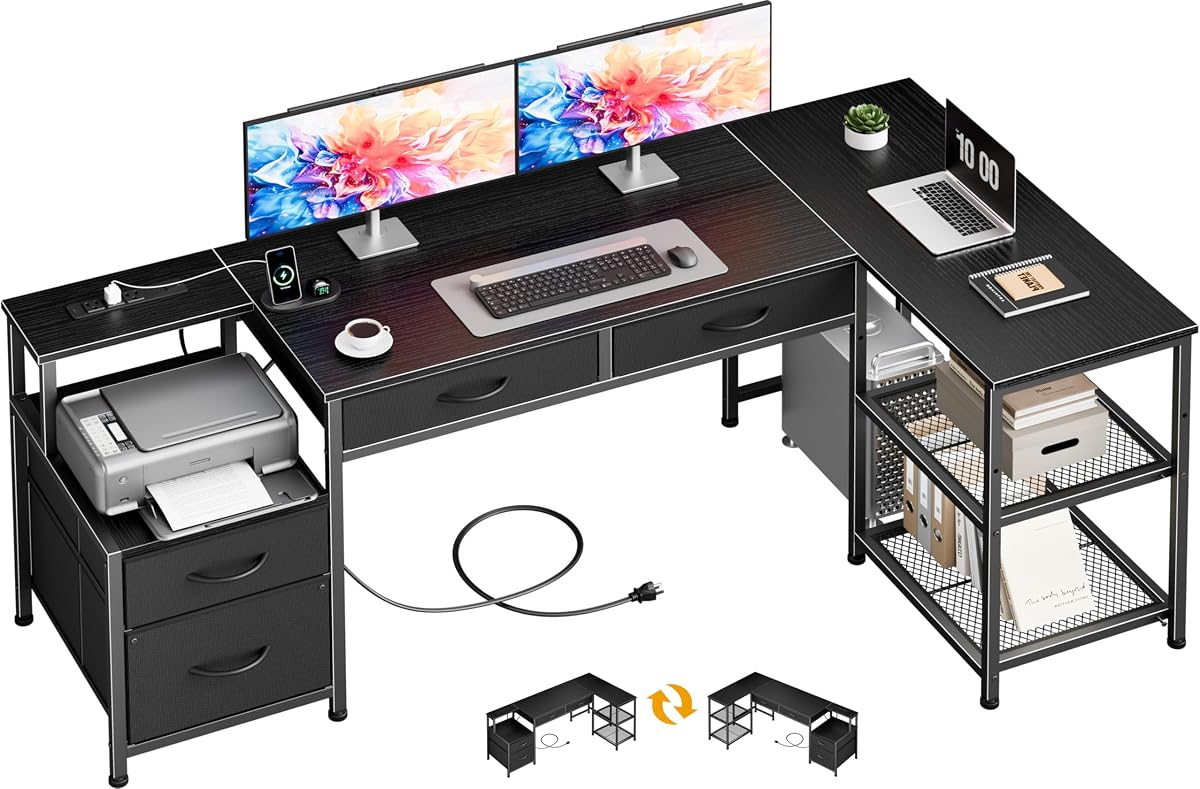 Furologee L Shaped Office Desk with Power Outlets, 57 Inch Home Office Desk with 3 Fabric Drawers & File Cabinet, Reversible Corner Computer Desk with Printer Stand, for Work, Study, Black
