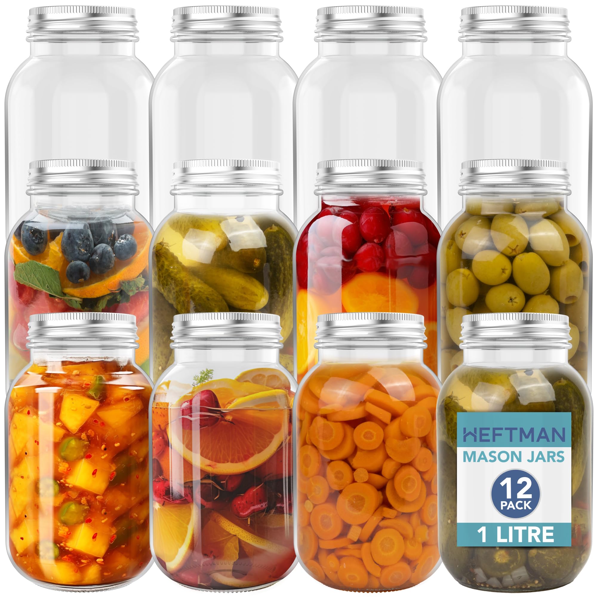 HEFTMAN Glass Mason Jars With Lids 1L - Set of 12 Air Tight for Overnight Oats, Homemade Jam, Baby Food Storage, Meal Prep, Pickling - Large With Lids (1 Litre)