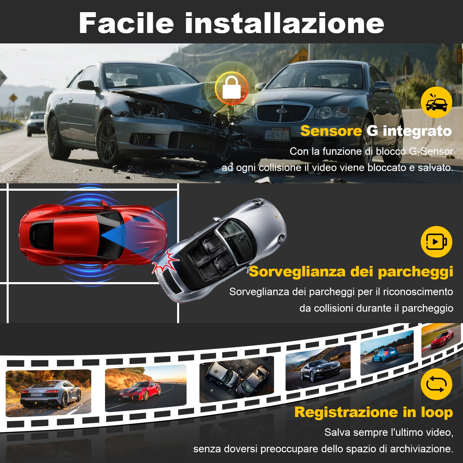 70mai Dash Cam Anteriore e Posteriore A410, Doppia Dashcam 2.5K+1080P HDR, Visione Notturna Super, Apertura F1.55, Modalità Parcheggio 24H, WiFi GPS, G- Sensor, Registrazione in Loop, Include 64GB SD