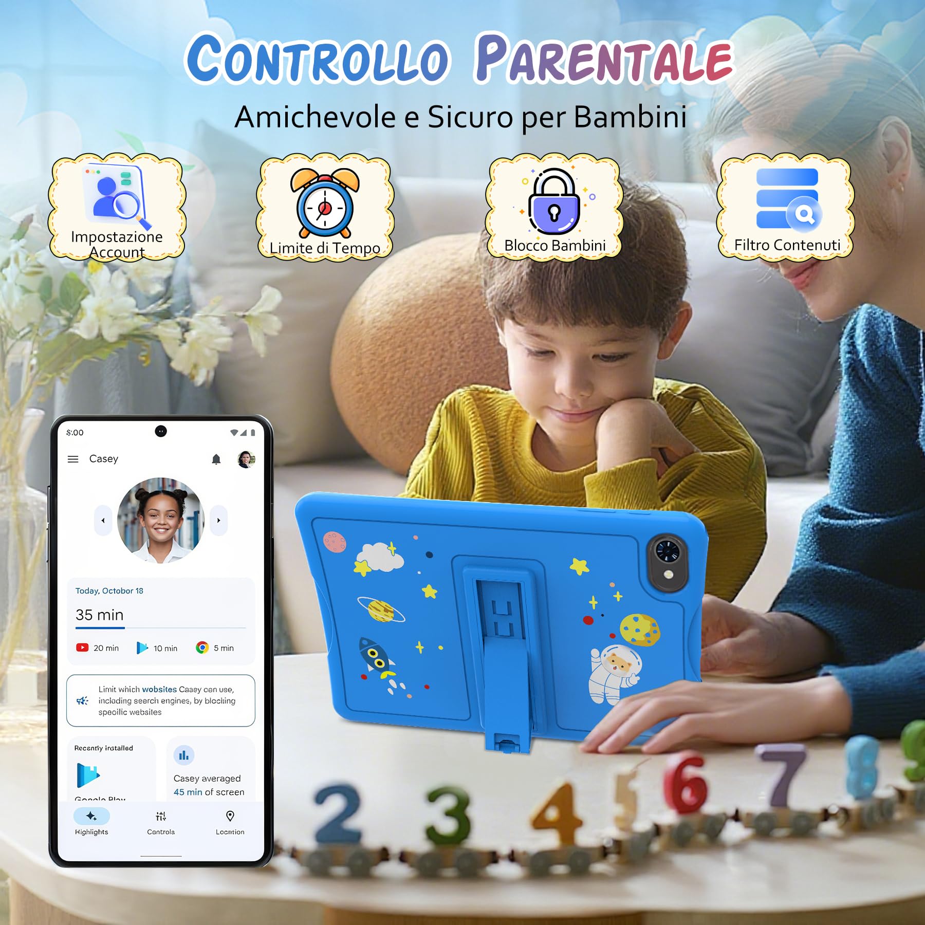 TABWEE K10 Tablet Bambini 10 pollici, 12 GB RAM + 64 GB ROM (TF 2 TB) | Android Tablet Educativo con Controllo Parentale, Google Kids Space, WiFi 6, Schermo Anti-Luce Blu, Custodia - Blu