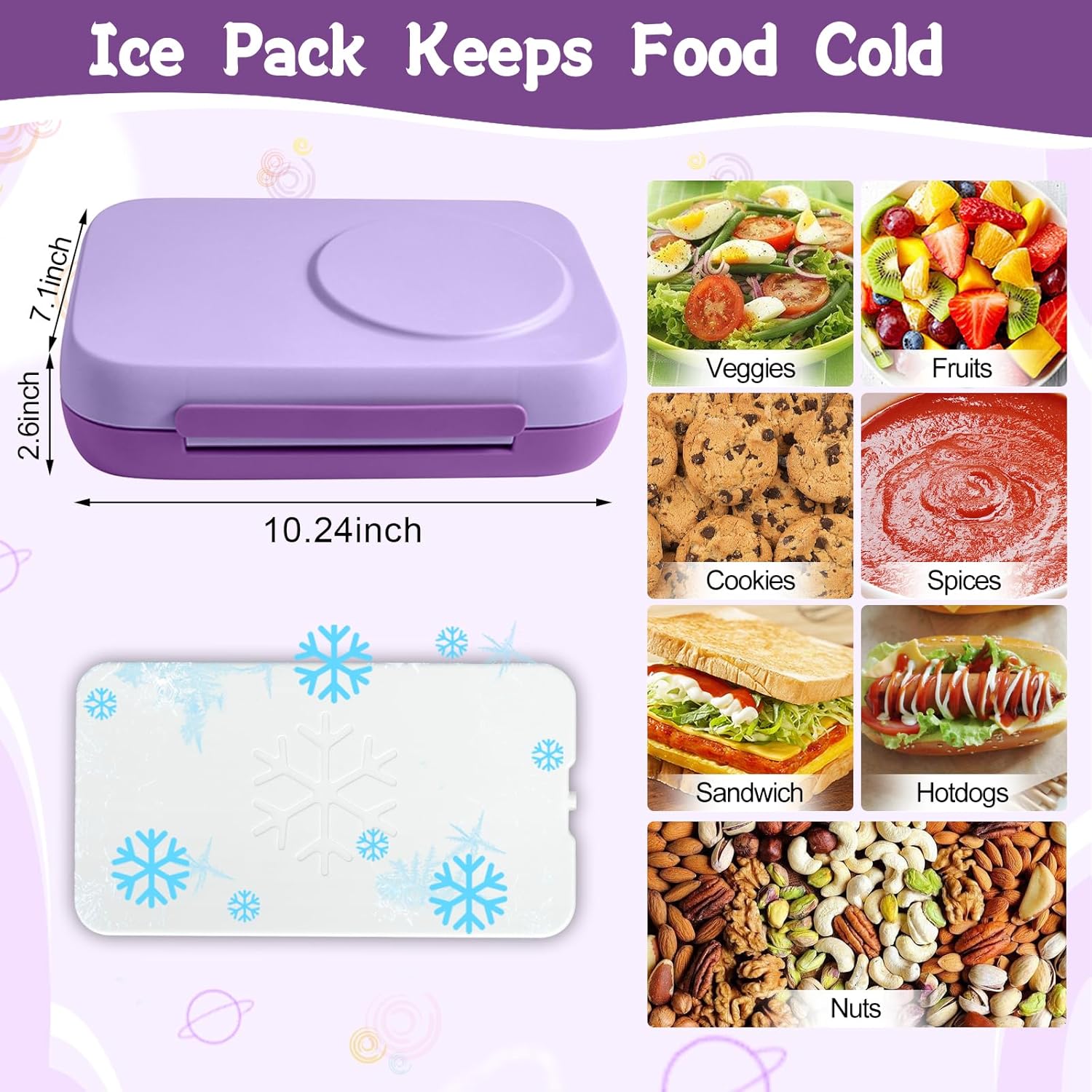 Bento Box for Kids,Kids Bento Lunch Box with Built-in Ice Pack for School,3 Compartments Leak Proof Lunch Container with Utensils for Girl Boy;BPA Free,Microwave & Dishwasher Safe, 44oz(Purple) - Image 5