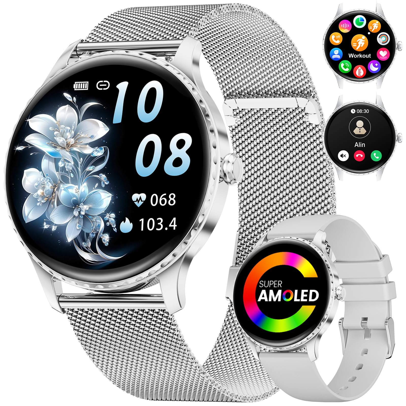 Reloj Inteligente Mujer Redondo,1.32" Amoled/Llamadas Bluetooth,SmartWatch Mujer con Función Femenina/Monitor de Sueño/24H Pulsometro,110+ Deportes/IP68 para iOS Android (Malla de Plata)