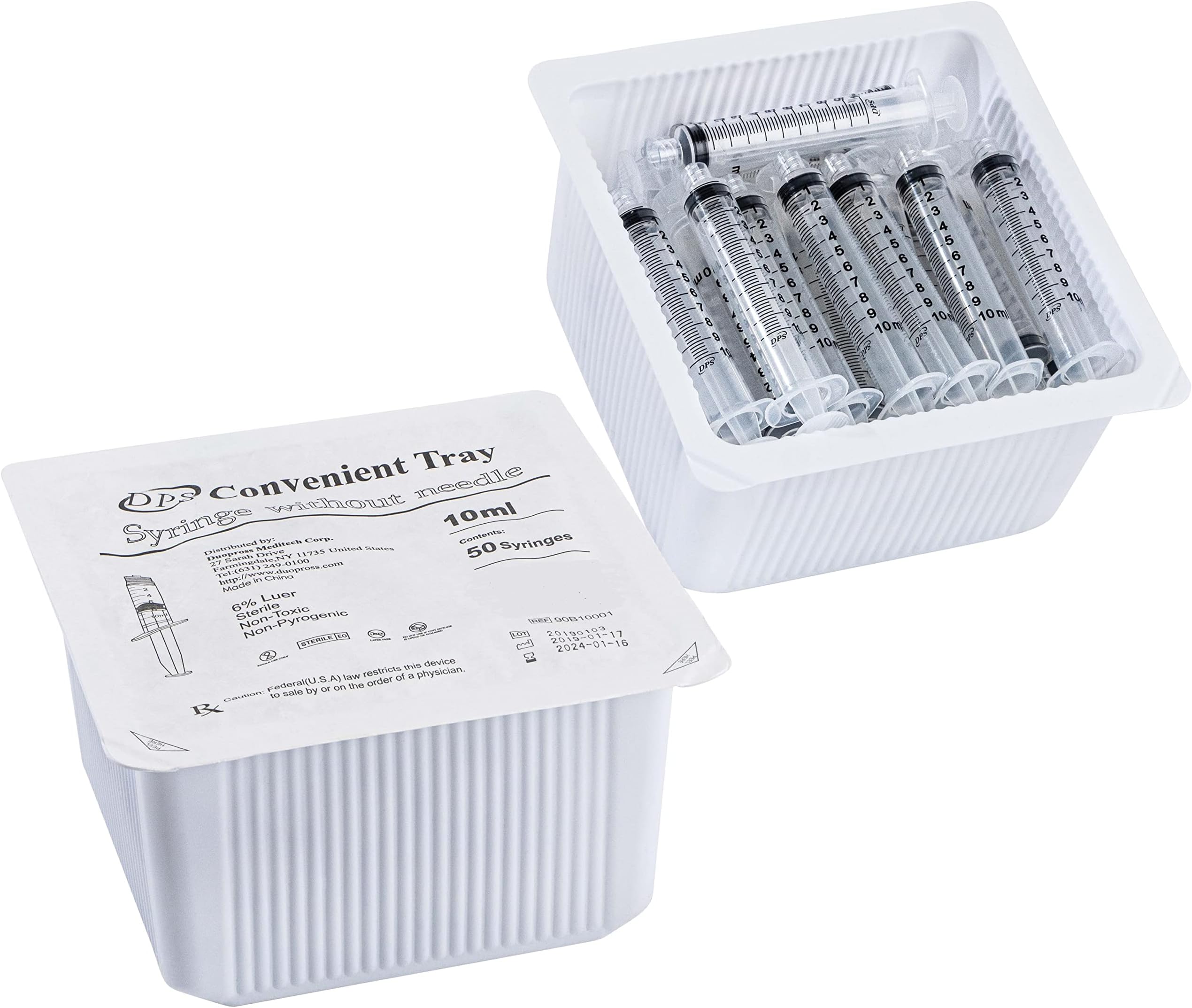 10ml Sterile Syringe with Luer Lock Tip, - (No Needle) - 100 DPS Syringes in Trays ( 2 Trays of 50)