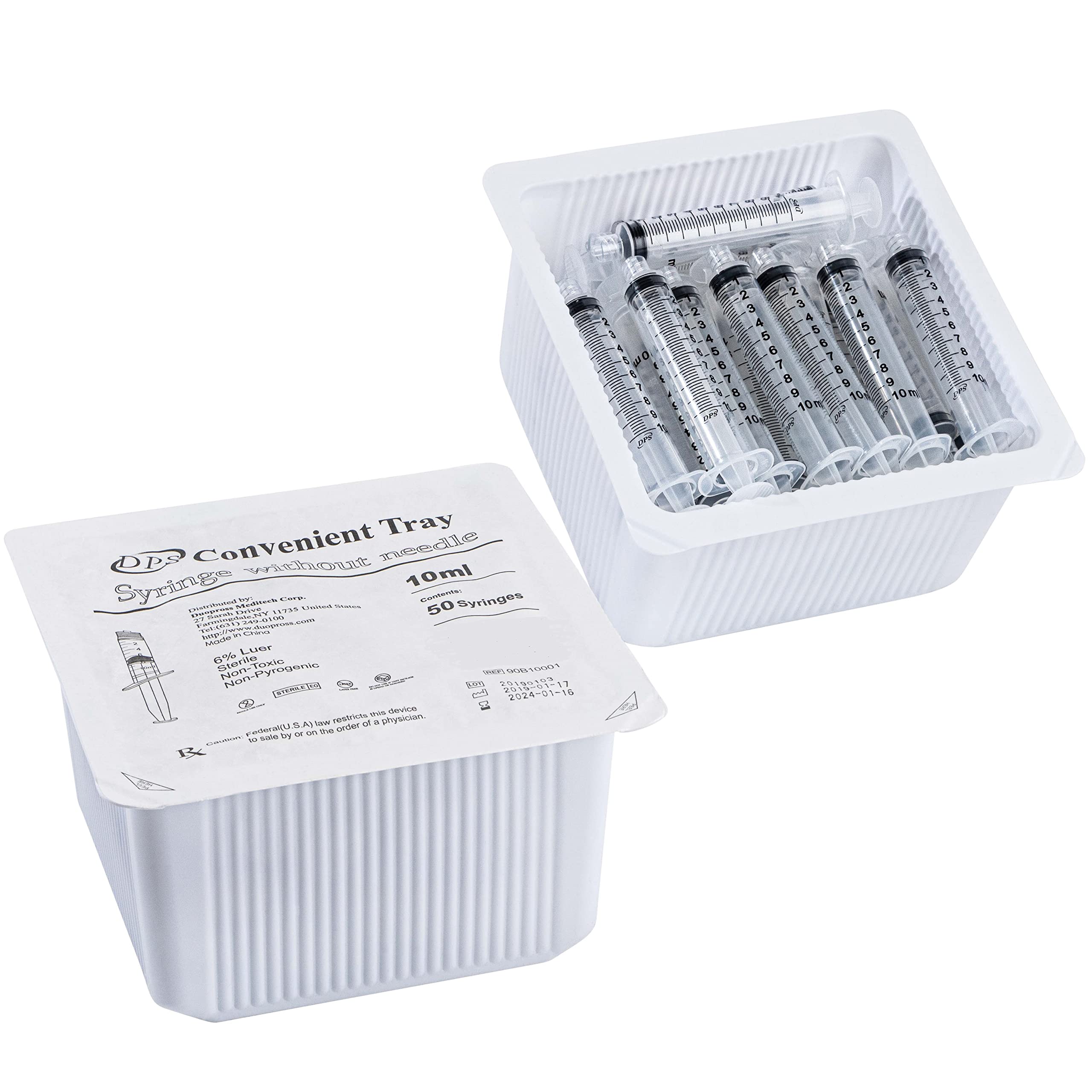 10ml Sterile Syringe with Luer Lock Tip, - (No Needle) - 100 DPS Syringes in Trays ( 2 Trays of 50)