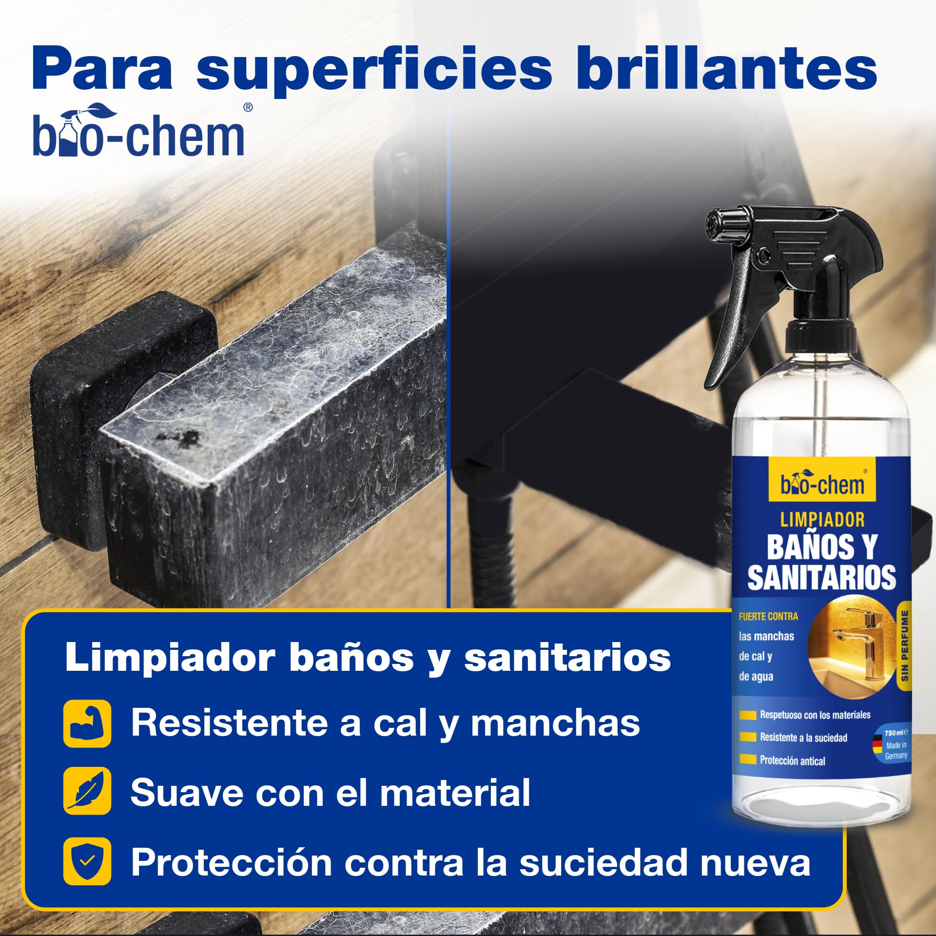 Bio-Chem - Detergentes baño - Desatascador de desagües 1 l - Limpiador de cal y orina 1 l - Producto para superficies de baño 750 ml – Basic Set 3 productos