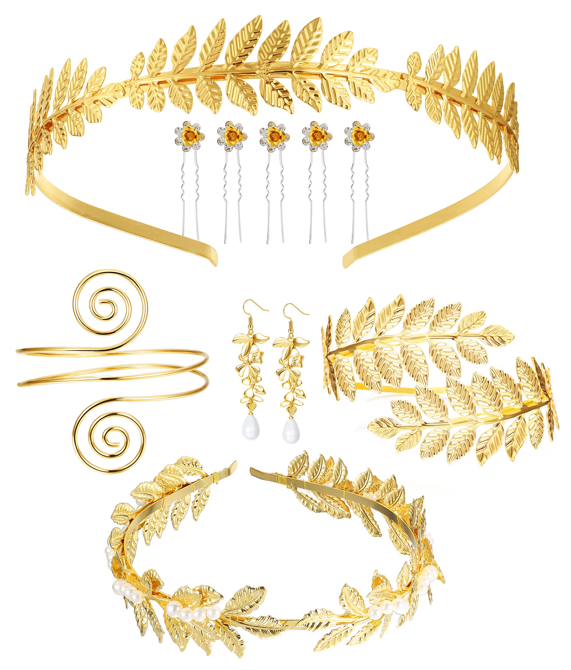 THUNARAZ10Pcs Goddess Costume Accessories Set Greek Roman Laurel Leaf Bracelet Golden Leaves Bridal Hair Crown Headband Pearl Leaf Earrings Hair Pins for Wedding Party Accessories