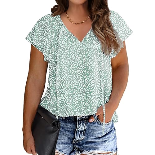 IN'VOLAND Womens Plus Size Boho Floral Print Tops Casual V Neck Short Sleeve 2023 Summer Drawstring Blouses Shirts