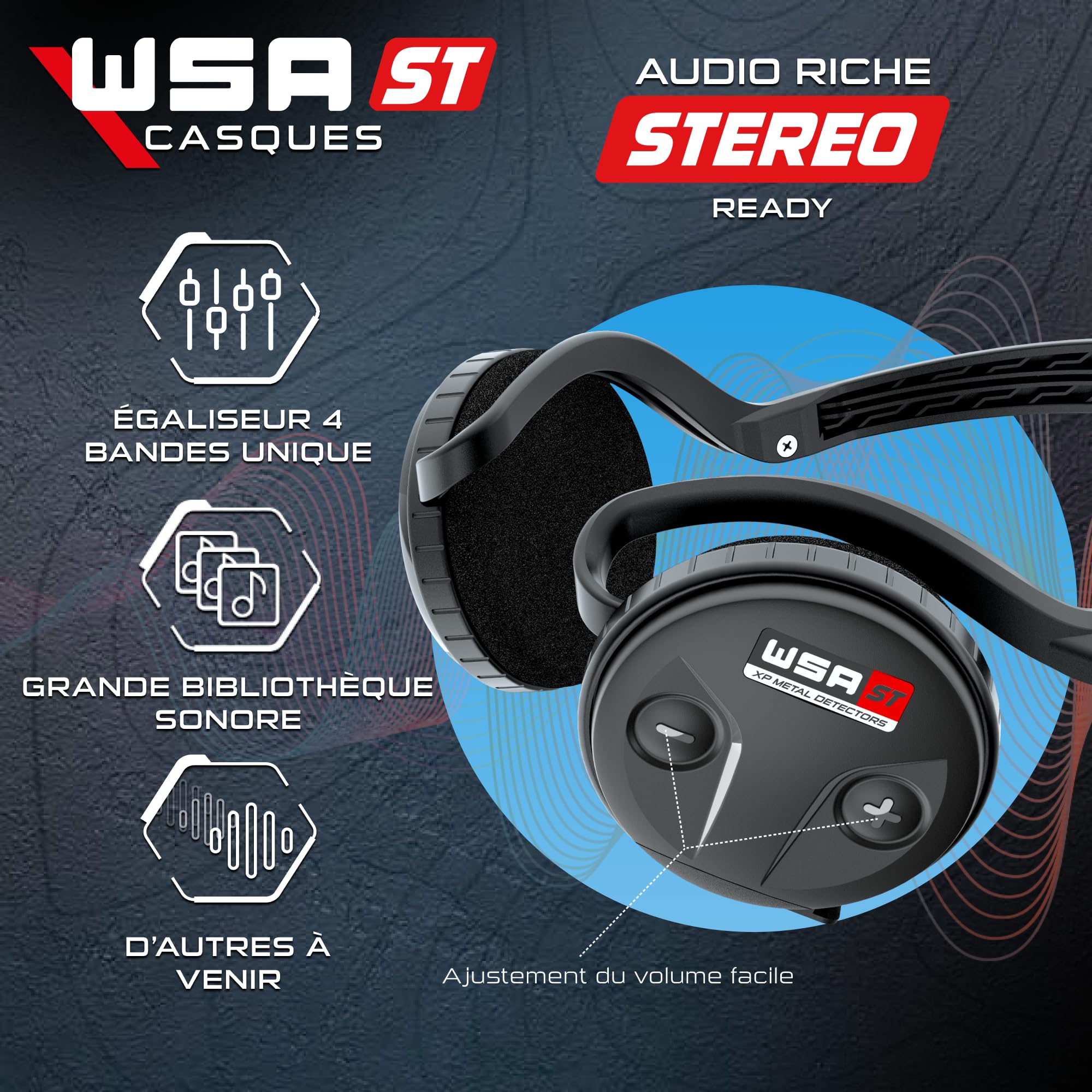 XP Metal Detectors WSA ST Casque stéréo sans fil ultra-rapide compatible avec le Deus II RC et le WS6 ST Master, pliable, design compact et intelligent, léger et entièrement étanche à la pluie (WSAST)