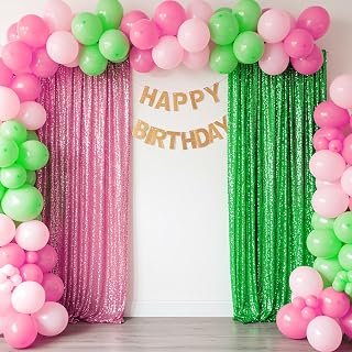 2 Pcs Green Pink Curtain Backdrop Party Decor 2ftx8ft Witch Party Decorations Sequins Mesh Fabric Curtain Glitter Photo Booth Backdrop for Witch St. Patrick's Day Birthday Jungle Wedding