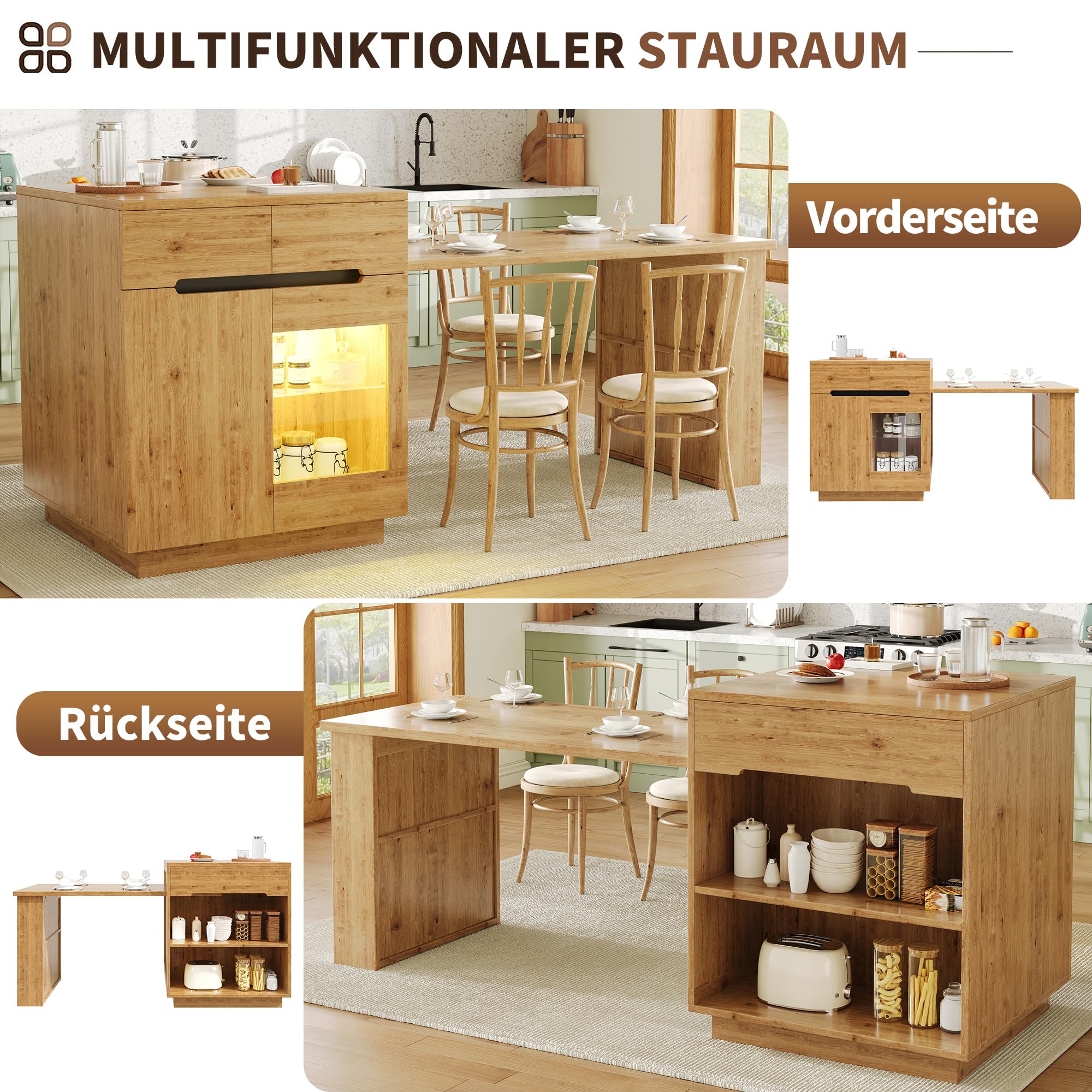 Isola cucina con tavolo allungabile, mobile cucina multifunzionale con illuminazione a LED (controllabile tramite app), effetto rovere, vano contenitore, cassetti, anta in vetro, per sala da pranzo e