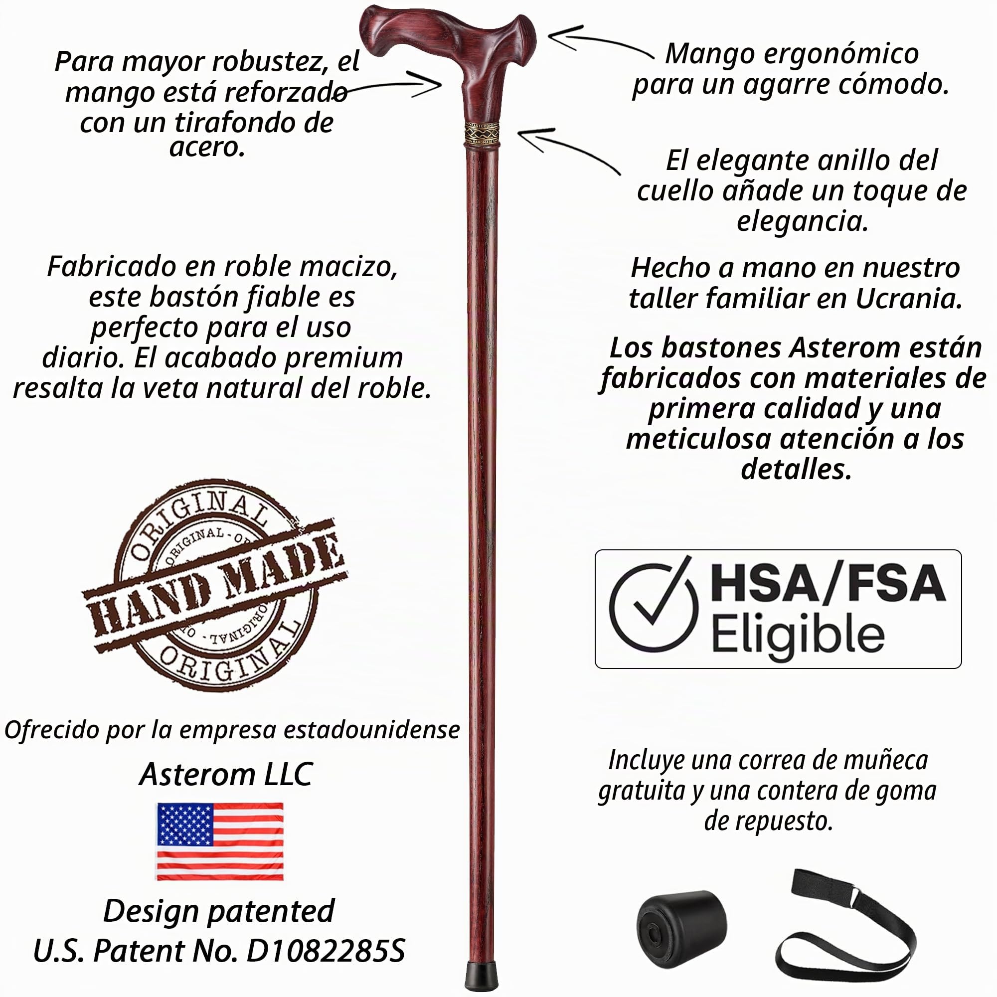 Asterom Bastón ergonómico hecho a mano para hombres y mujeres, elegante bastón de madera