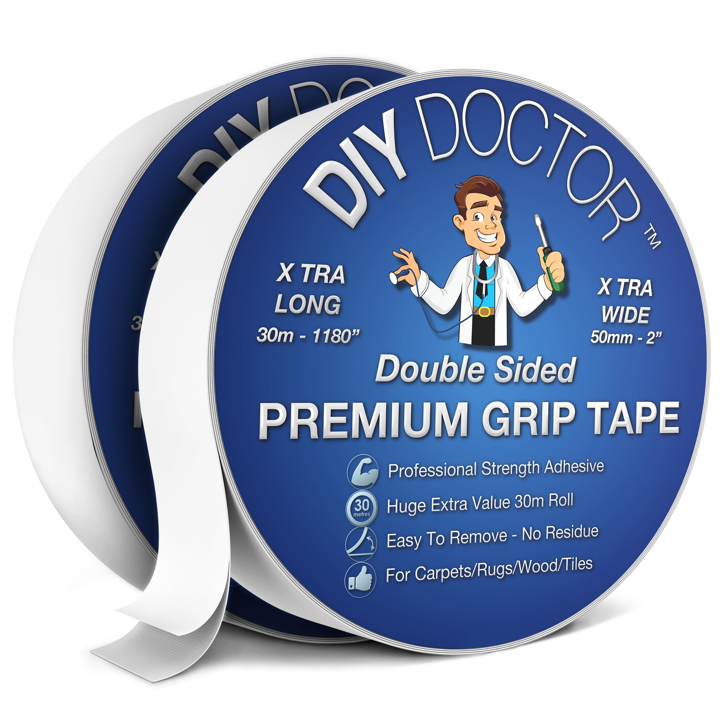 DIY Doctor Double Sided Carpet Tape Heavy Duty, (2 Pack) 50mm x 30m No Residue Extra Strong Sticky Rug Grip Adhesive Tape, Long-Lasting for Home & Professional Use