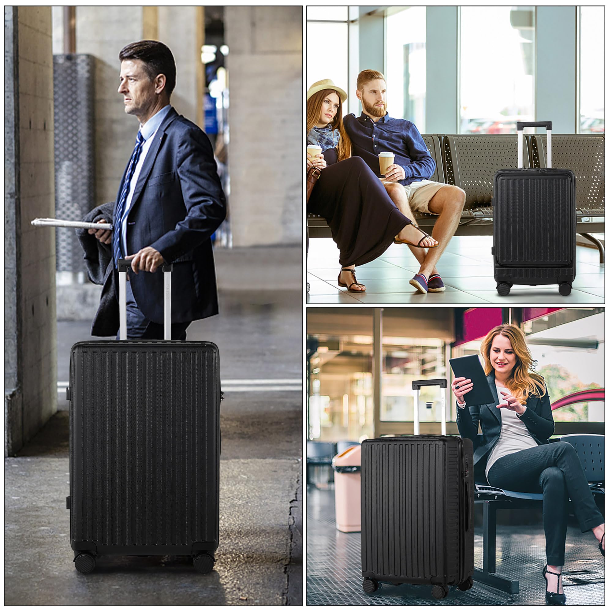 TANTOMI Handgepäck Koffer mit Laptopfach, 20 Zoll Hartschalenkoffer, Leichter ABS-Rollkoffer, Reisekoffer mit 4×360°-Rollen, TSA-Schloss (Schwarz, 41L)