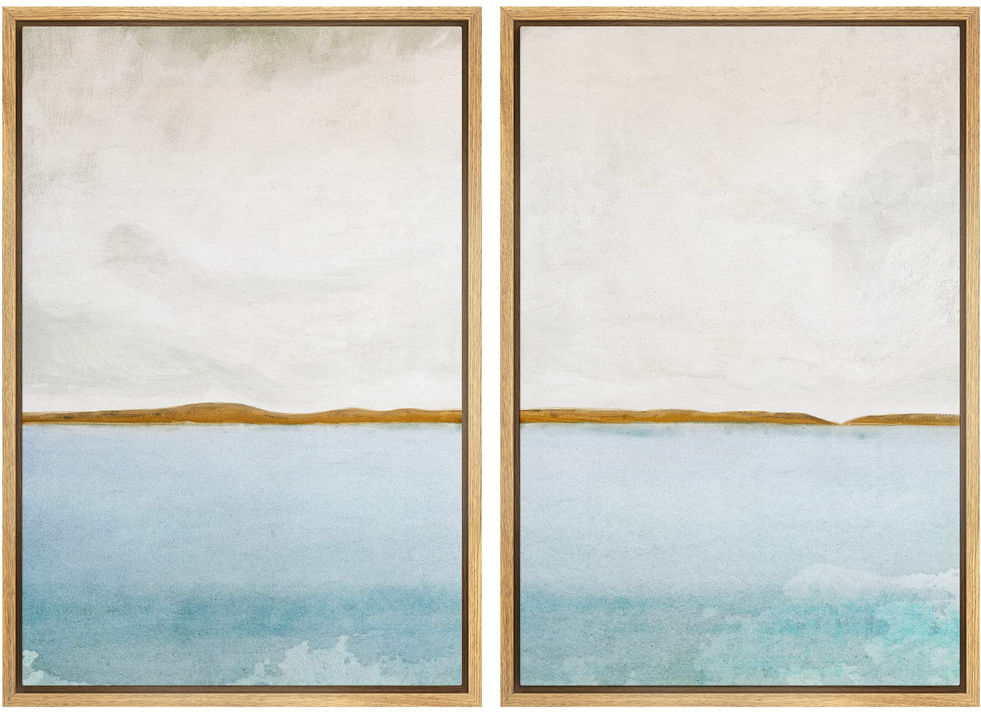 SIGNWIN Framed Canvas Print Wall Art Set Gold Blue Ocean Sea Beach Landscape Nature Wilderness Illustrations Modern Art Decorative Rustic Chic for Living Room, Bedroom, Office - 16"x24"x2 Natural