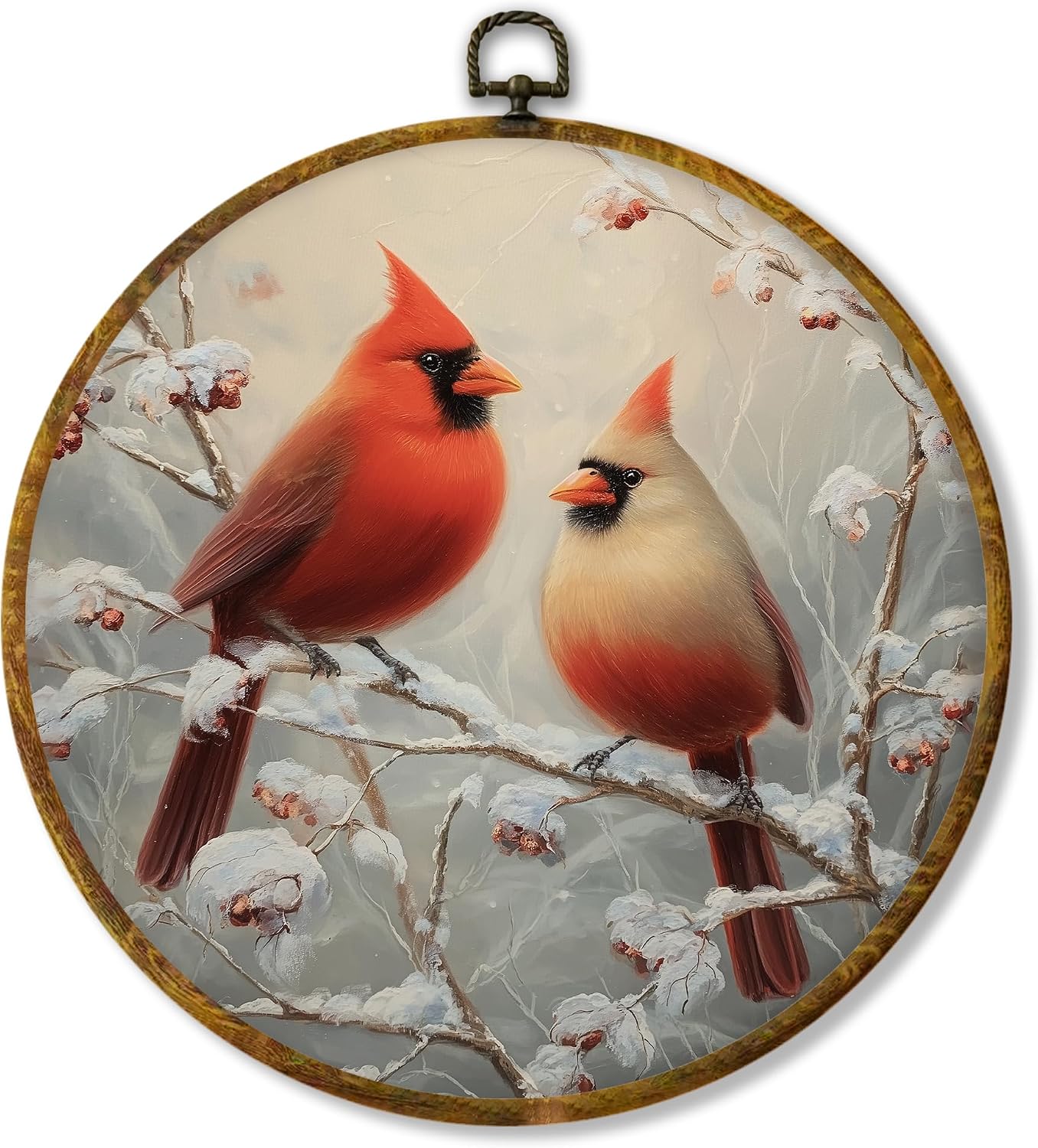 Hiuwevt Rustic Winter Christmas Cardinal Bird Round Wall Art Decor, Farmhouse Red Cardinal Framed Canvas Prints, Cozy Winter Bird Round Wall Hanging Decor for Home Bedroom Decorations, 10x10 Inches