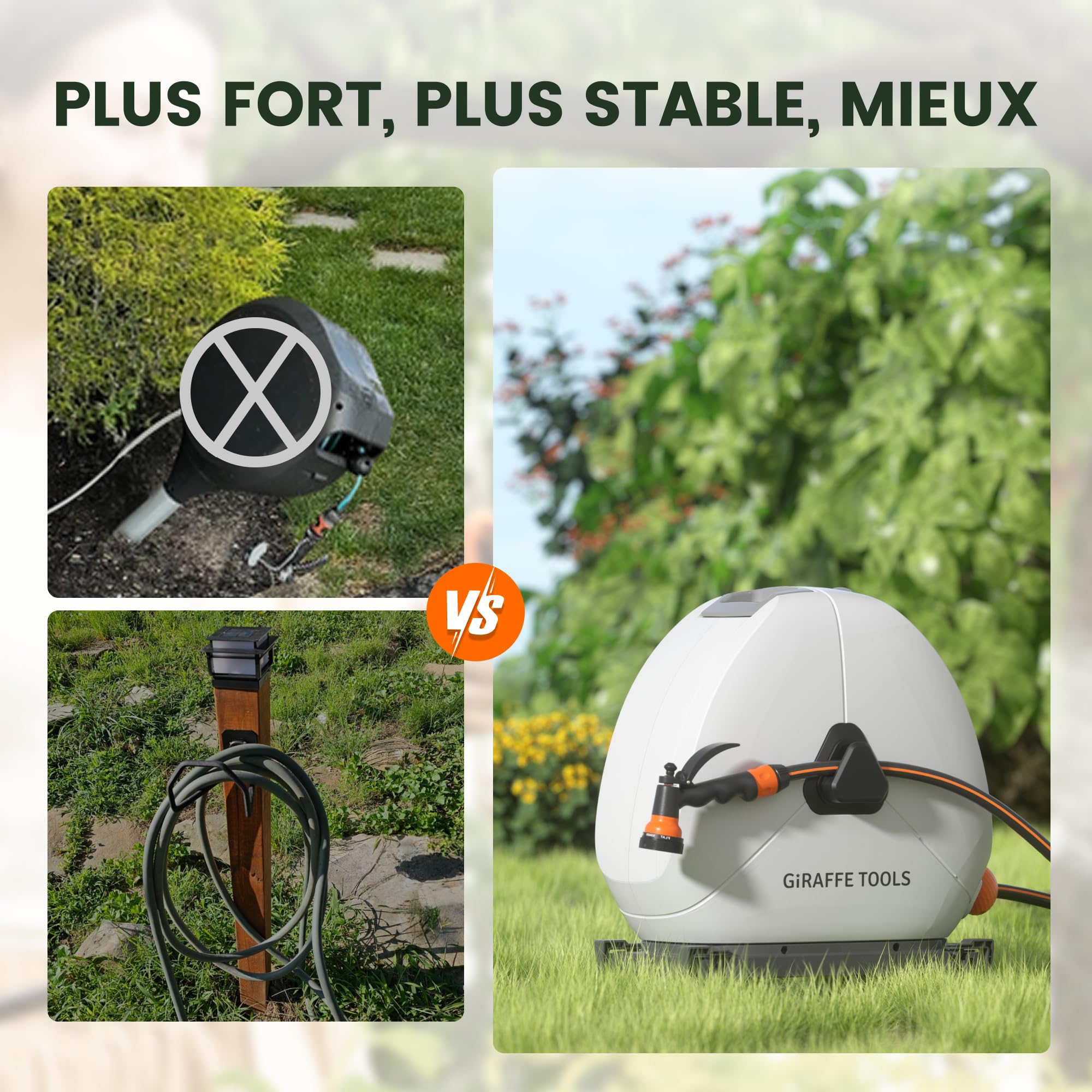 Giraffe Tools Enrouleur de tuyau d'arrosage rétractable de 40 m, très résistant, avec buse de pulvérisation 7 fonctions et 360° base pivotante flexible