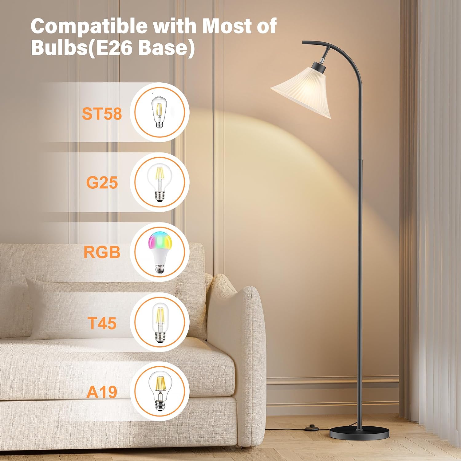 SIBRILLE Glass Floor Lamp, Dimmable Black Standing Lamp with Remote Control & 3 Color Temperatures, Modern Arc Floor Lamps for Living Room Bedroom Office Corner, 9W LED Bulb Included