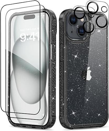 MIODIK Funda compatible con iPhone 15 con 2 protectores de pantalla + 2 protectores de lente de cámara, no amarillenta funda transparente con