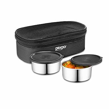 Stainless Steel Lunch Box with 2 Leakproof Air-Tight Stainless Steel Round Containers and Cover Bag (Black), Nano | Stainless Steel & Spill Proof
