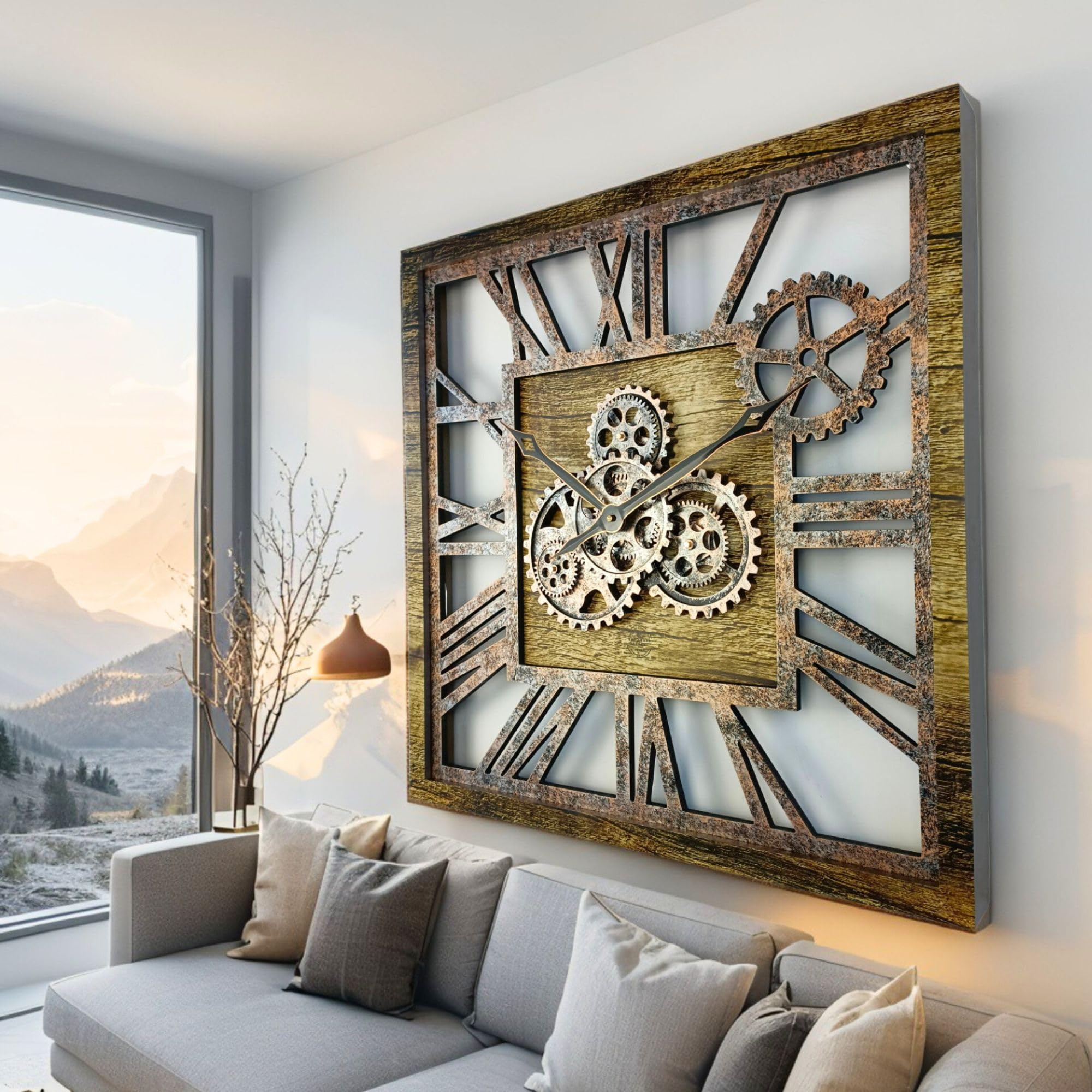 ImprovingLife The Gears Clock 61 cm (24 Zoll) quadratische Wanduhr mit echten beweglichen Zahnrädern, Vintage Industrial, übergroß, rustikales Bauernhaus (Gold Antik)