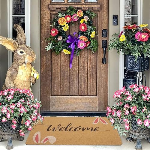Miniatura 4 de XuoAz Felpudo de bienvenida con diseño de conejo de Pascua, bonito felpudo de vacaciones con orejas de conejo, tapete de puerta de primavera para