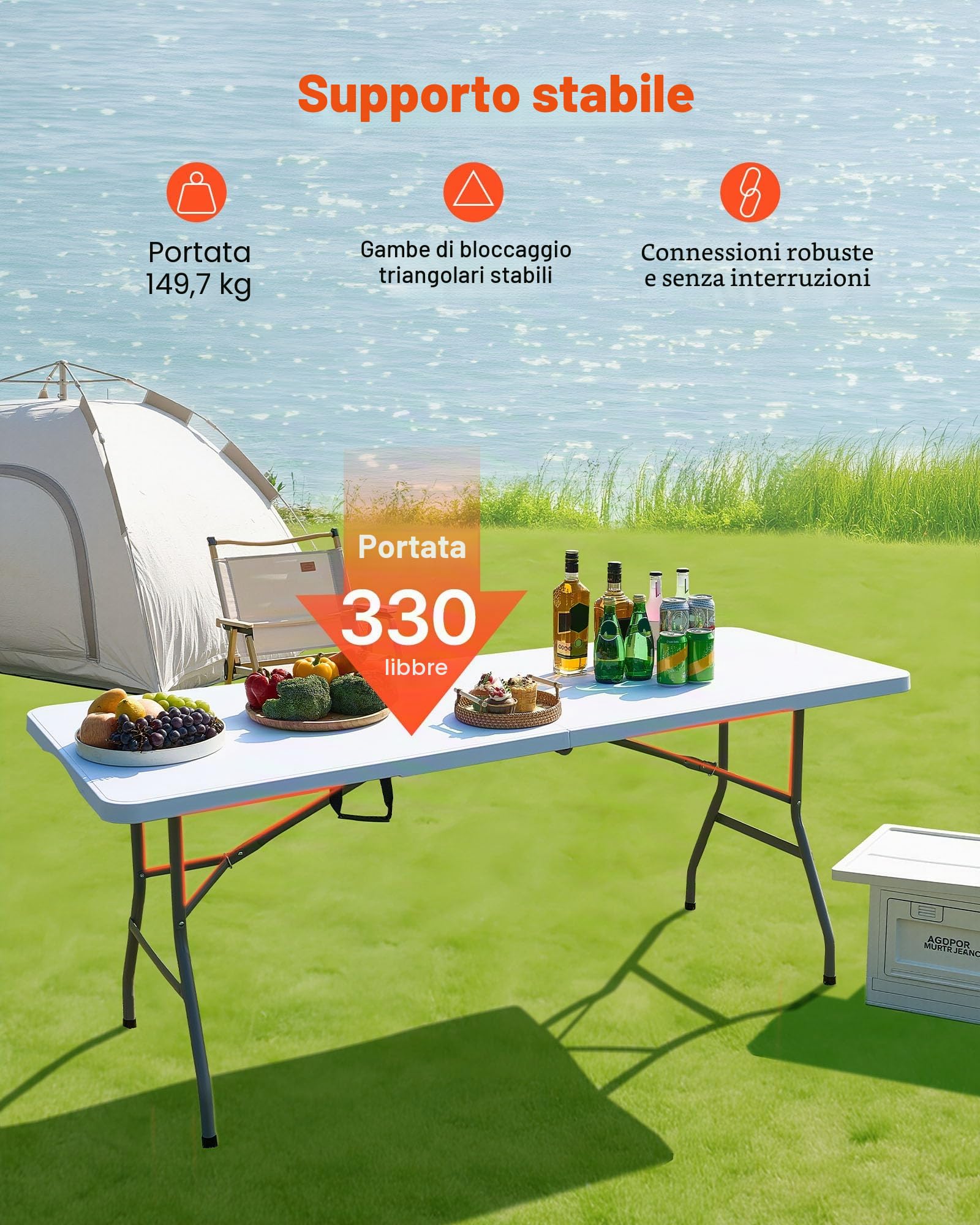 VEVOR Tavolo Pieghevole a Metà, Tavolo in Plastica Resistente Portatile e Rettangolare da 1800x700x730 mm, per Interni ed Esterni con Maniglia Integrata, per Feste, Cene, Picnic, Bianco
