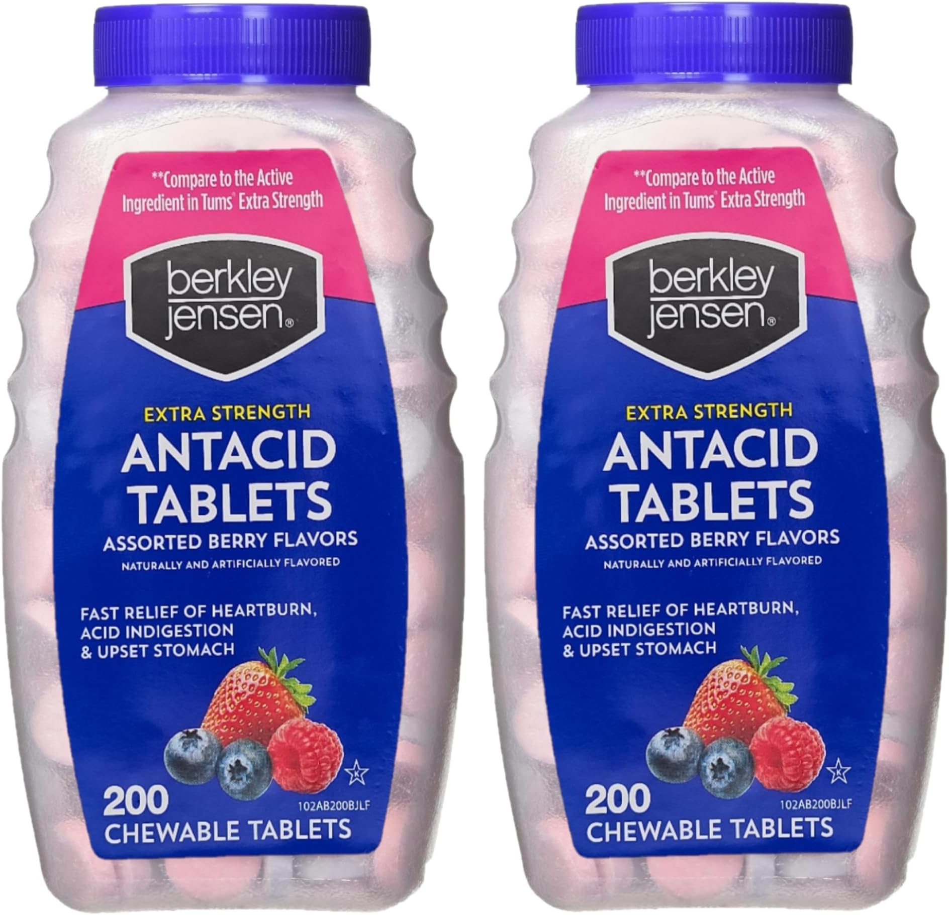 berkley jensen Extra Strength Antacid Tablets Chewable - 750mg Calcium Carbonate Antacids for Heartburn, Acid Indigestion, Upset Stomach Relief - Assorted Berry Flavor - 200 Count (Pack of 2)