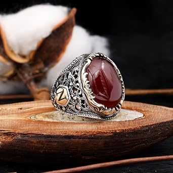 Personalized Men Aqeeq Ring, Red Agate Stone Men's Ring, 925 Solid Sterling Silver Handmade Customizable Letter Ring Two Letters Can Be Written On The Sides Of The Ring