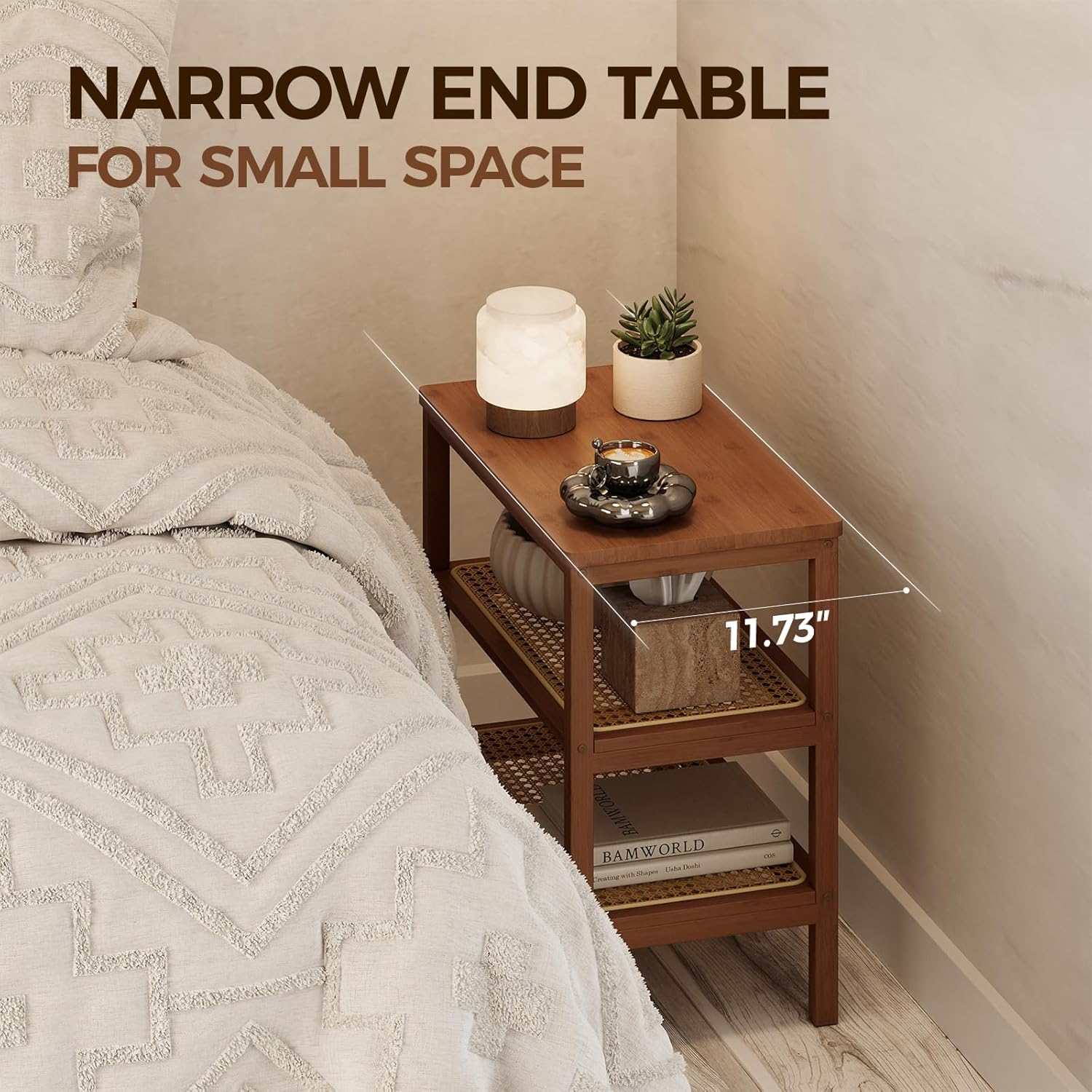 Rattan Side Table Mid Century Modern End Table 3-Tier with Storage Narrow Coffee Table Boho Night Stand Bamboo