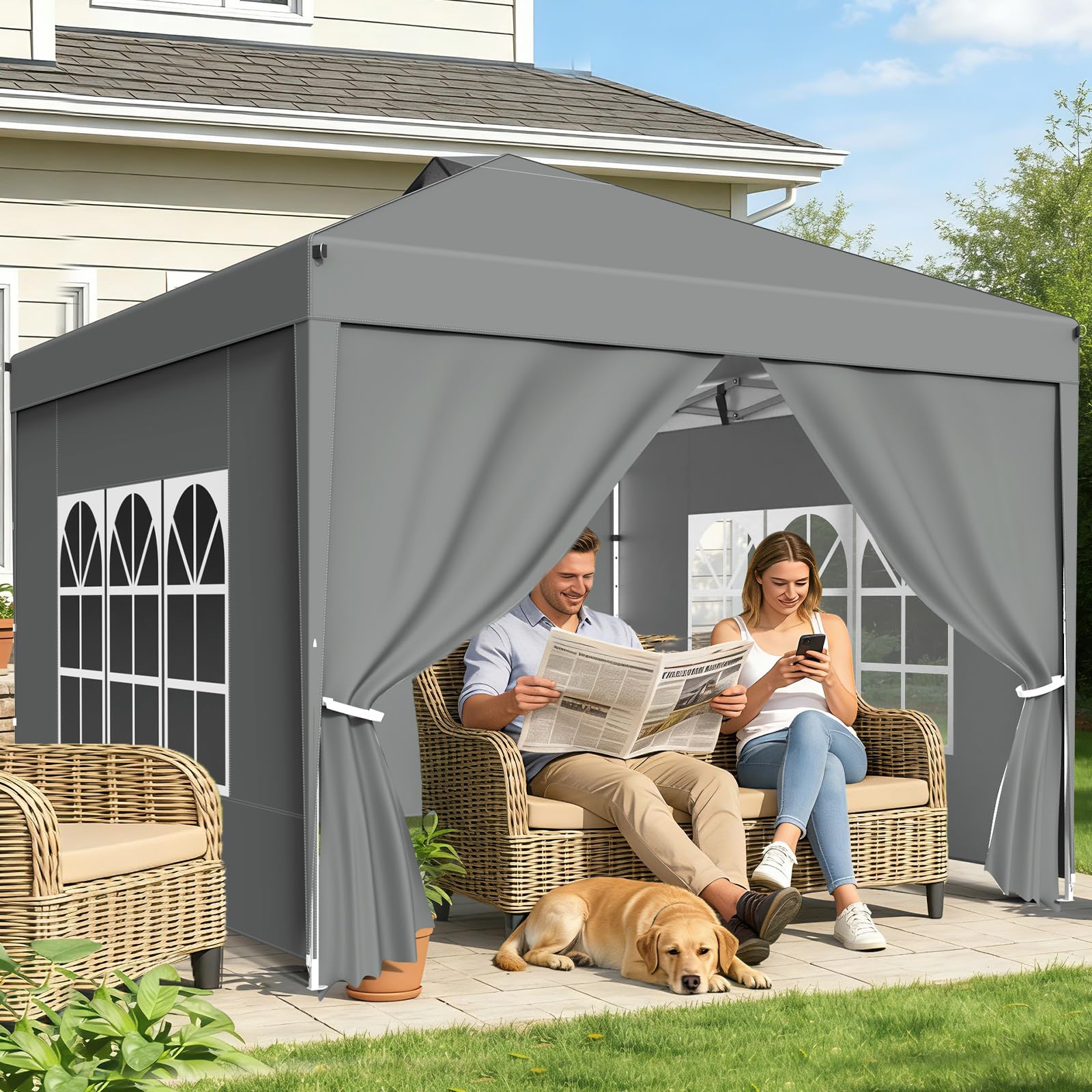 Tonnelle 3x3m Imperméable, Toile PU1500mm & Structure Acier - Tonnelle Pliante Hivernable avec Paroi Latérale & Réglage Hauteur One-Push - (INCL. 4X Sac de Sable & Accessoires,Gris argenté)