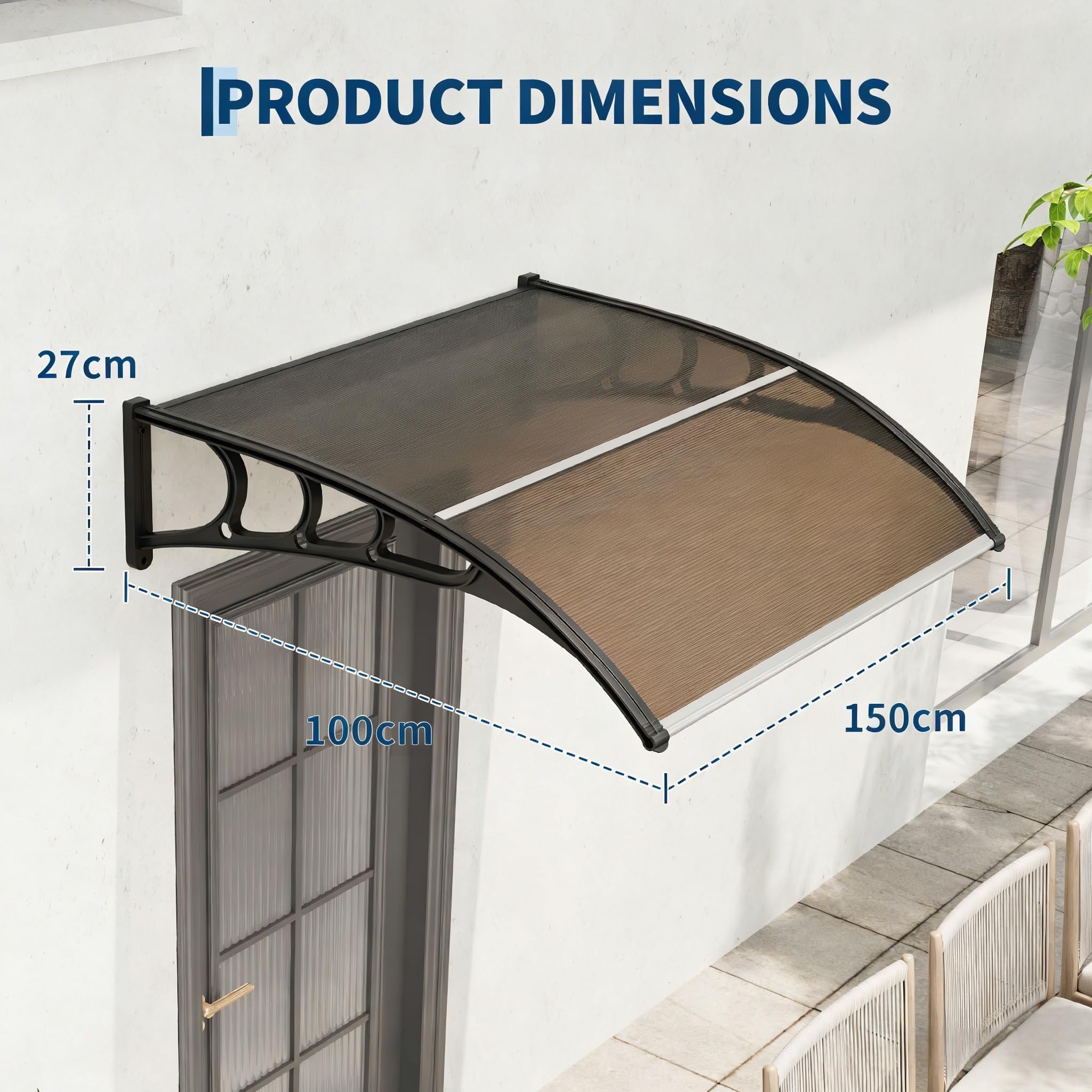 GarveeHome Vordach für Haustür 150 x 100 cm, Überdachung Haustür aus Aluminium und Polycarbonat, Transparentes Pultbogenvordach, Pultvordach mit Mittelstange