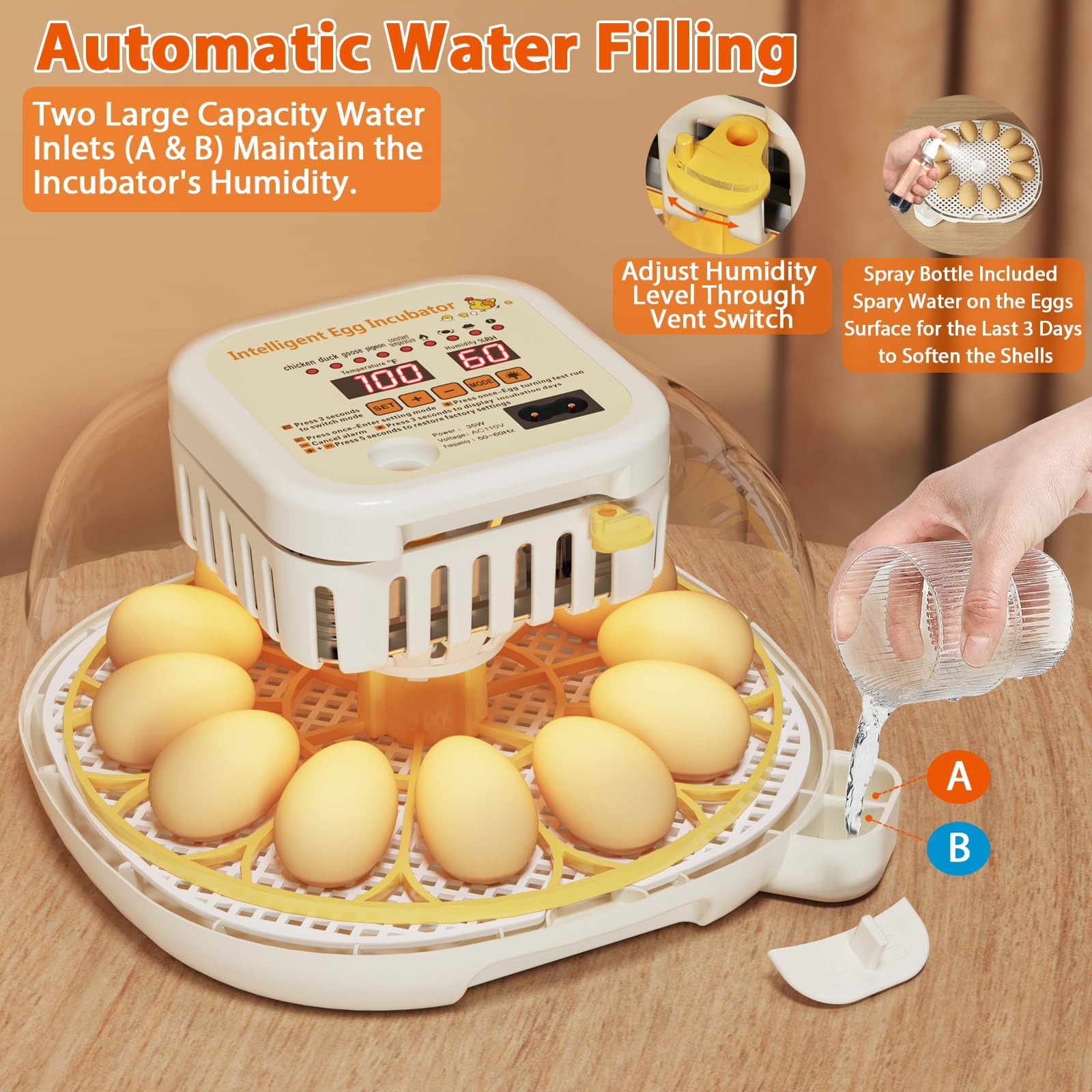 Incubatrice per Uova, Incubatrice per Uova Automatica, È Possibile Osservare la Temperatura, L'umidità e I Giorni di Incubazione, adatto per Uova, Uova di Anatra, Uova D'oca, Uova di Quaglia
