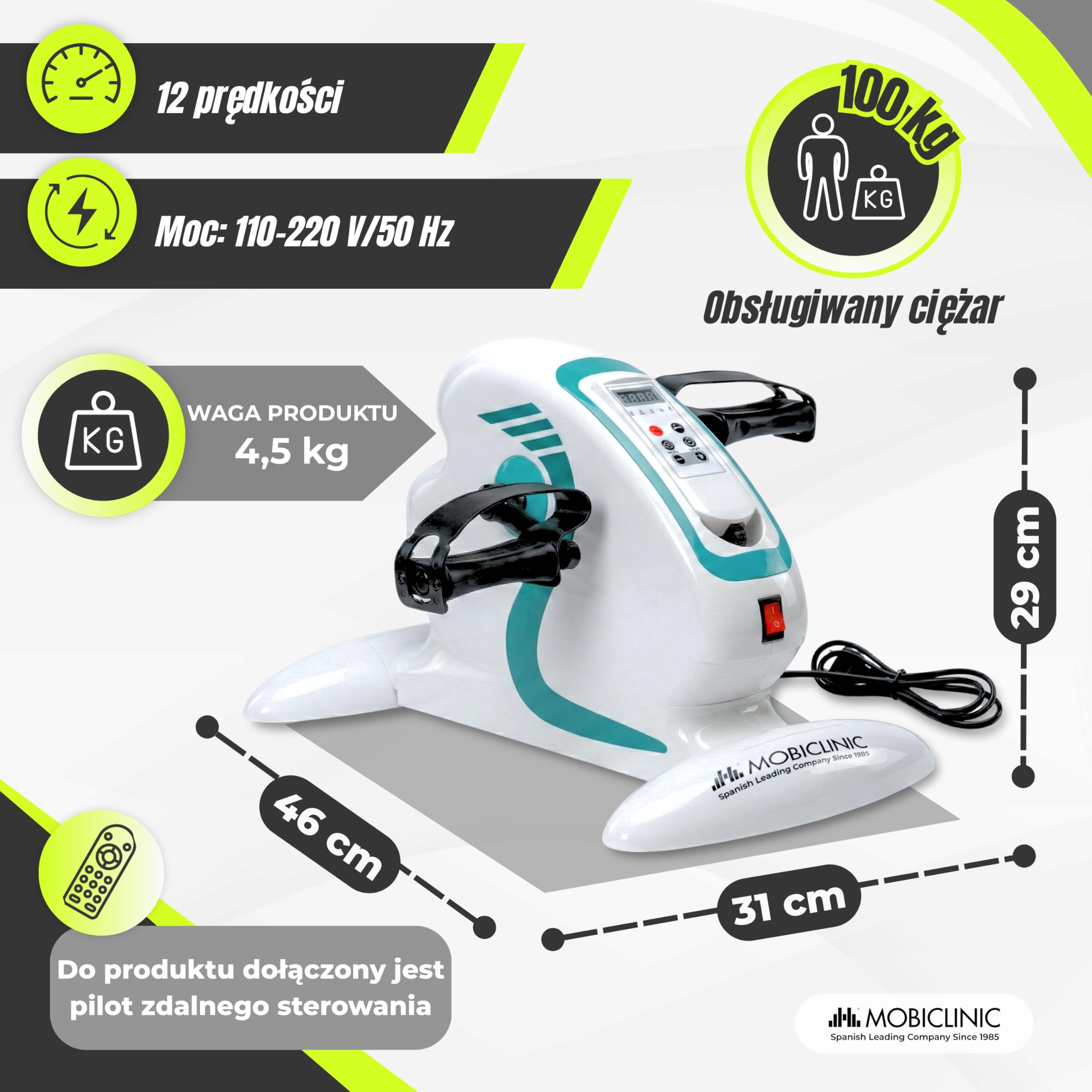 Mobiclinic®,Mini Rowerek Rehabilitacyjny, 12 Poziomów Prędkości, Wspomaganie Pedałowania, Dwukierunkowy, Wyświetlacz Wielofunkcyjny, Timer, do Nóg i Rąk, Mini Rower, Pista