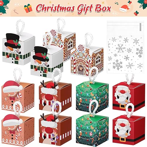 Miniatura 7 de Naler 12 cajas de regalo de Navidad, cajas de galletas de Navidad, cajas de cartón para galletas, cajas de dulces con 50 bolsas de regalo de copo de