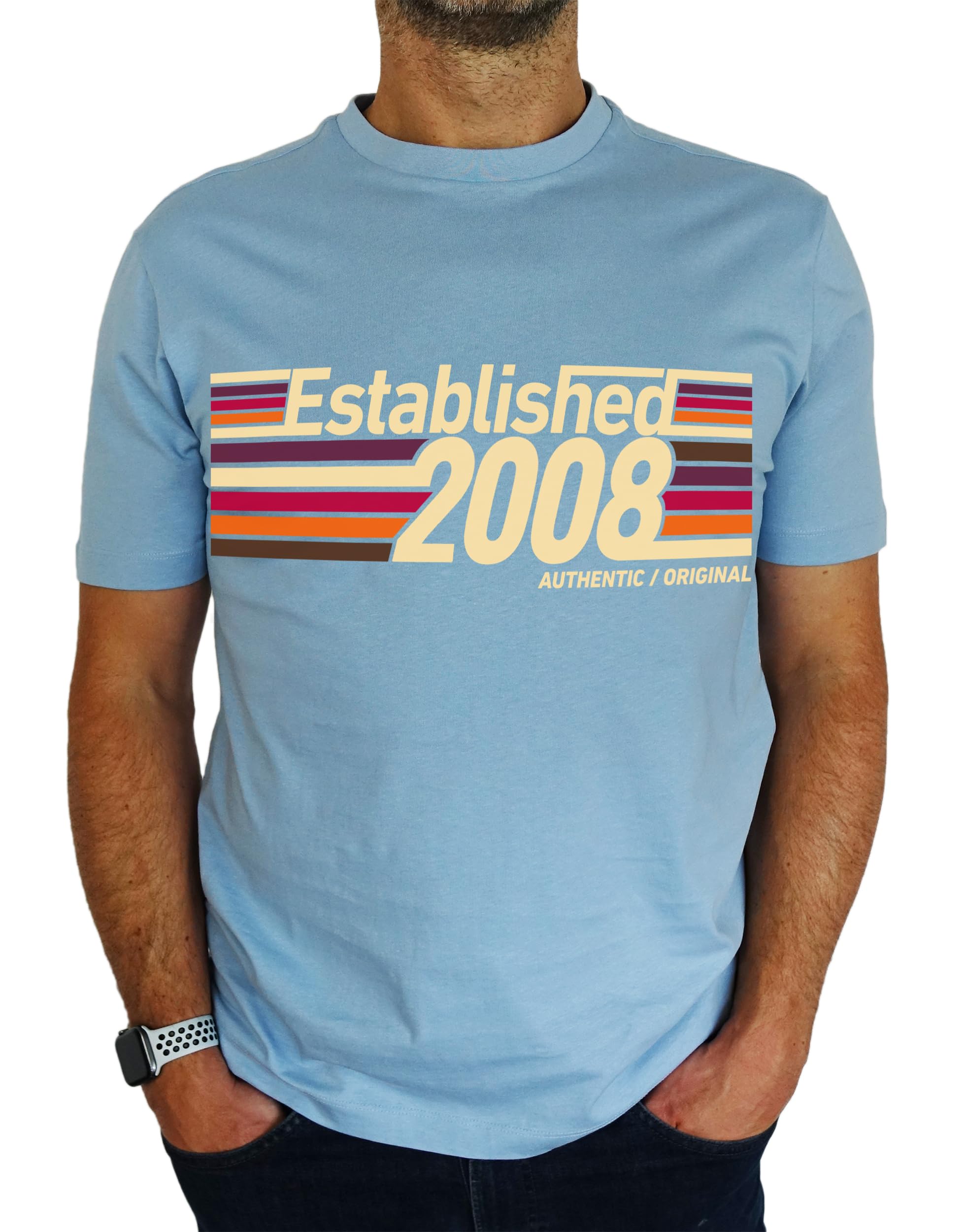 My Generation Gifts Men's Sky Blue 2008 Established Retro Stripes - 18Th Birthday Gift | Present T-Shirt L
